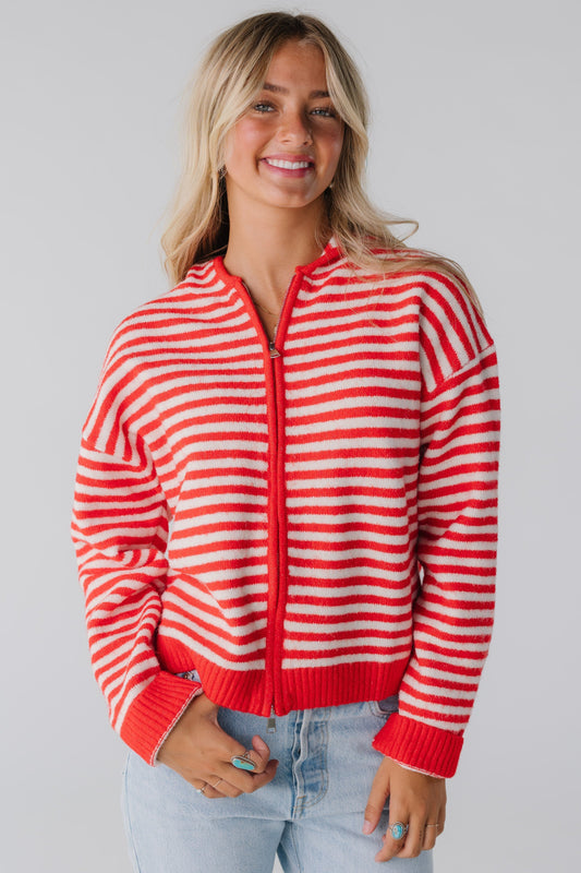 Playa Striped Zipper Hoodie for women in red and white stripe