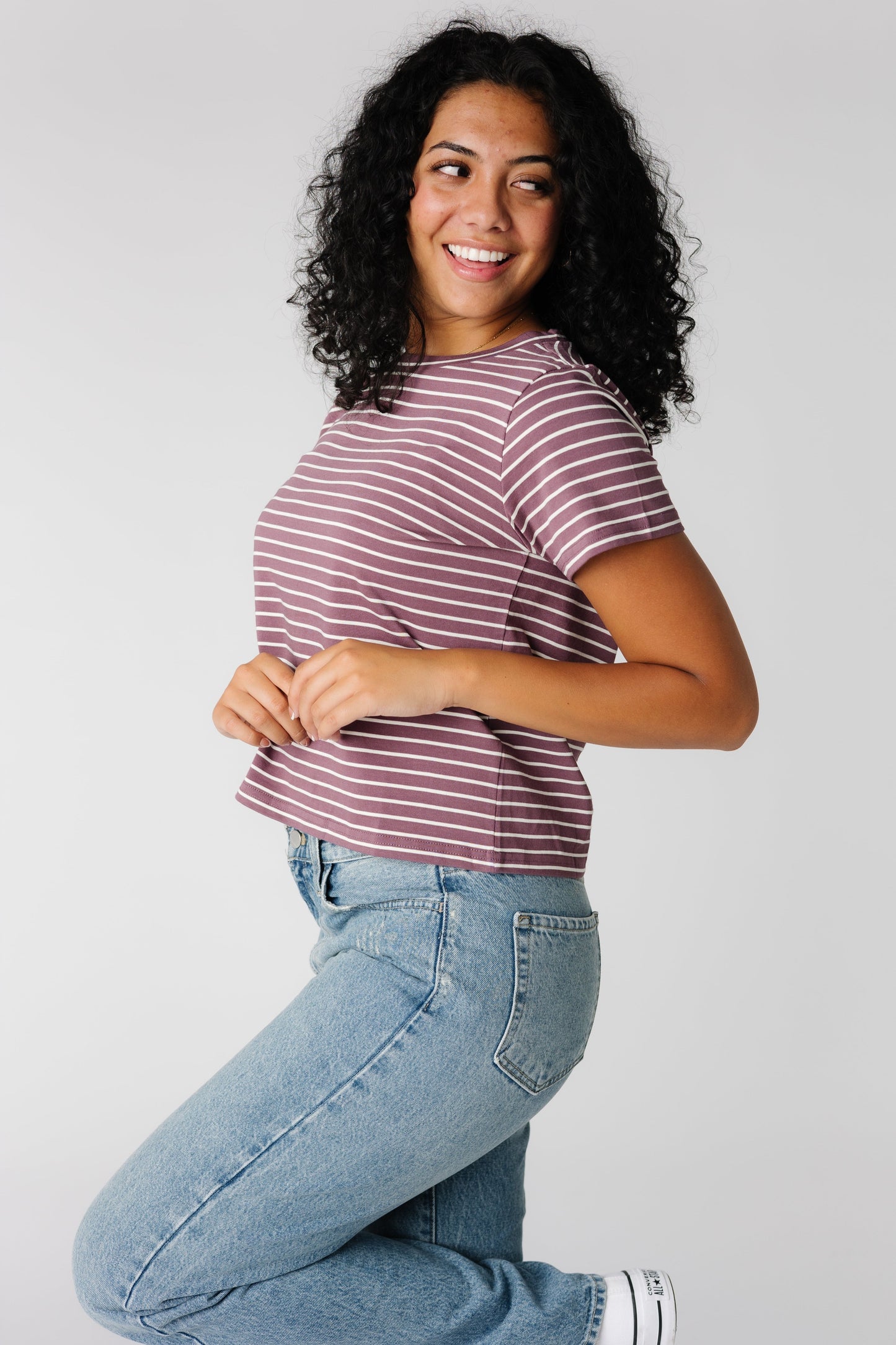 Plum tee with white stripes