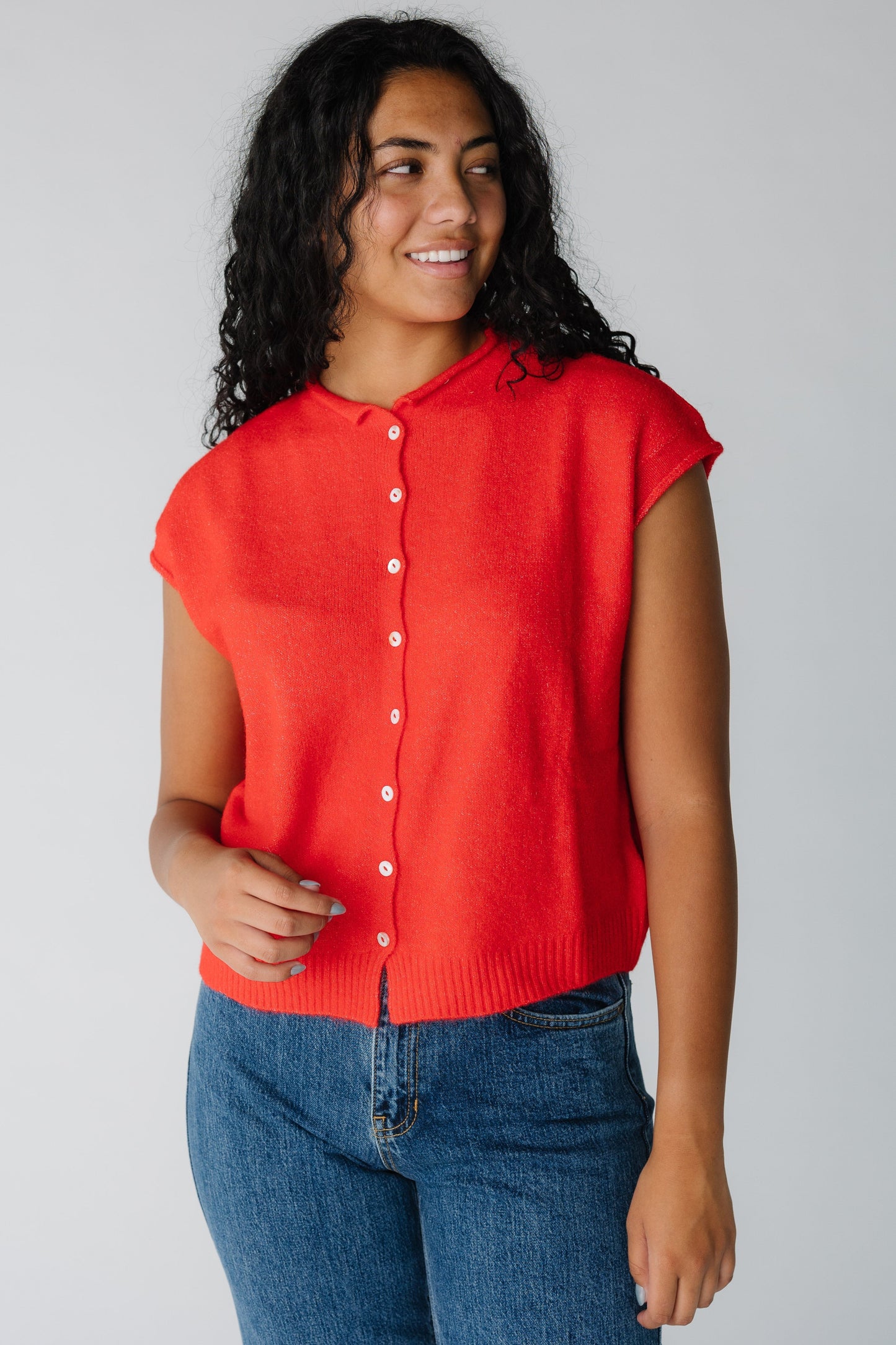 Modest women's red button down sweater vest