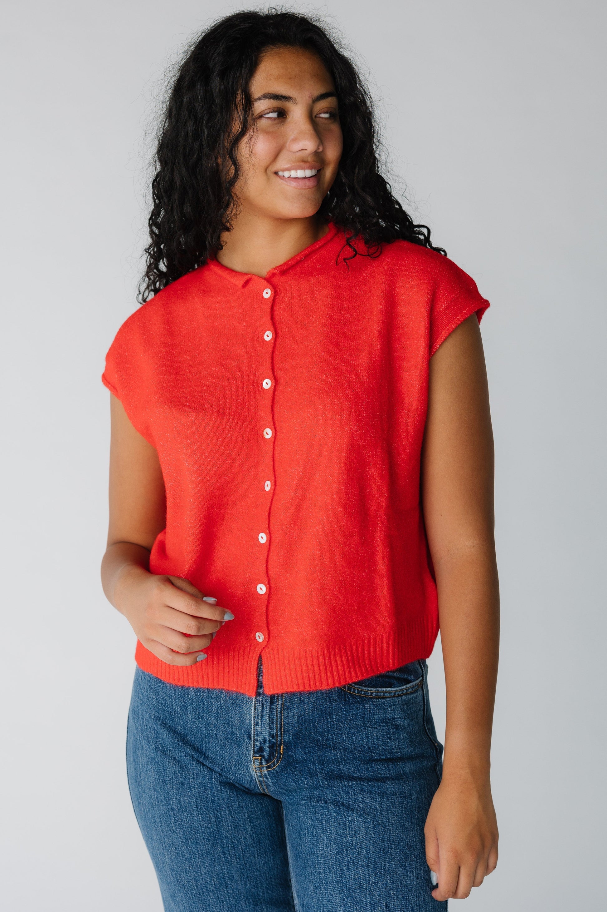 Modest women's red button down sweater vest