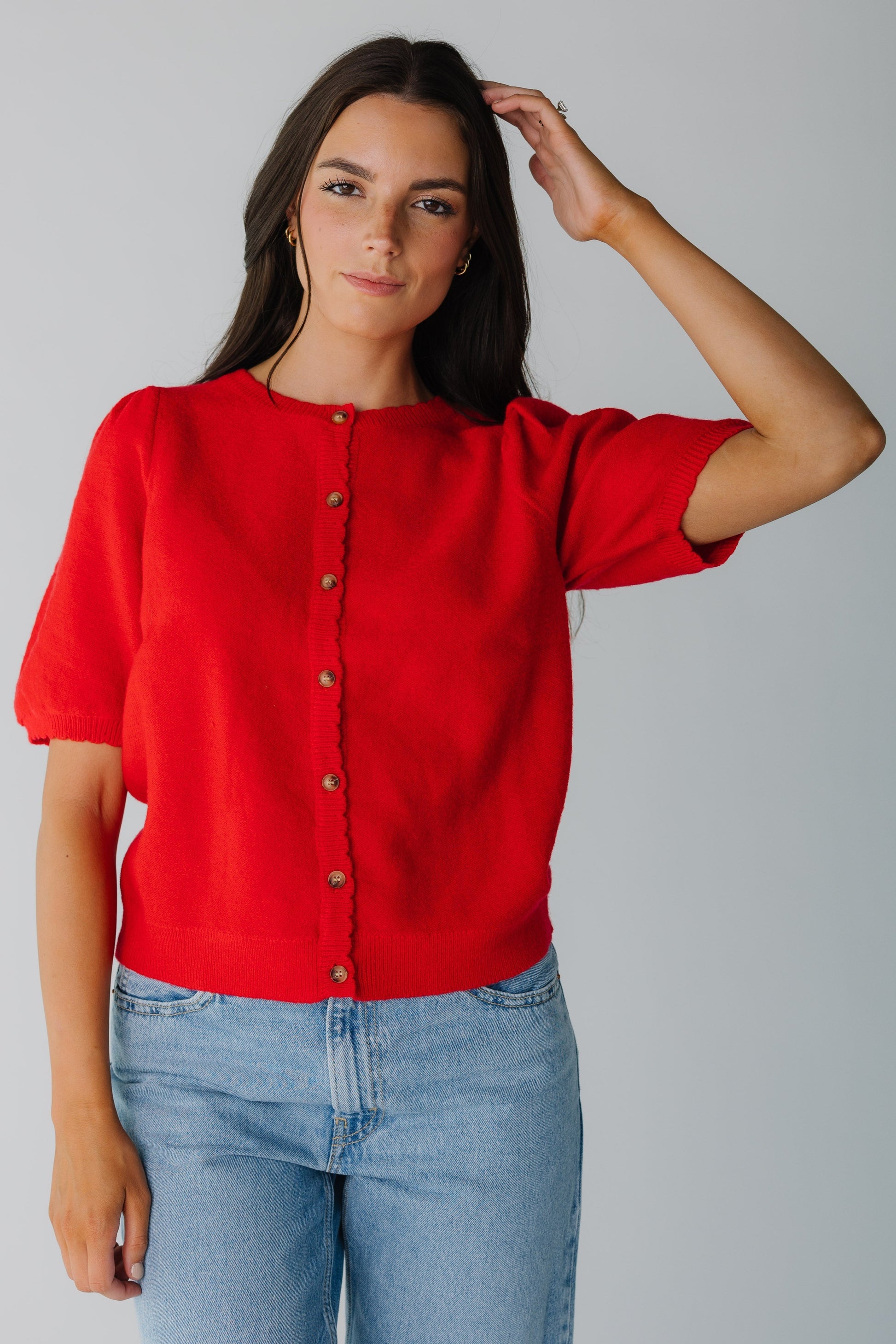 Red cardigan with half length sleeves