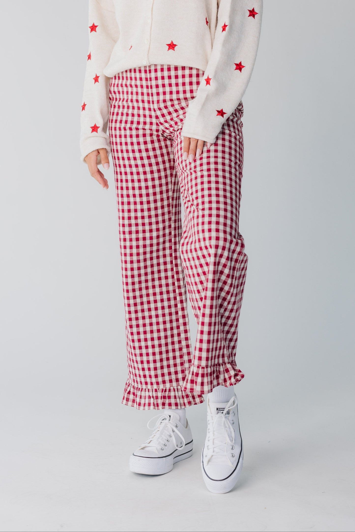 Red gingham pant with Bottom ruffle