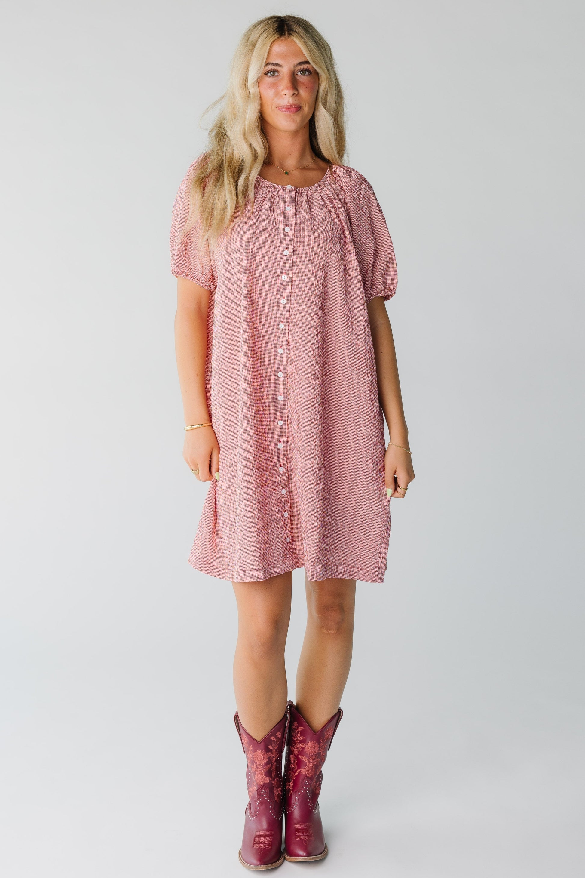 Red gingham button down dress cut to knee length