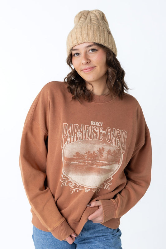 Roxy Lineup Oversized Crew in Cinnamon with long sleeves and large front white graphic