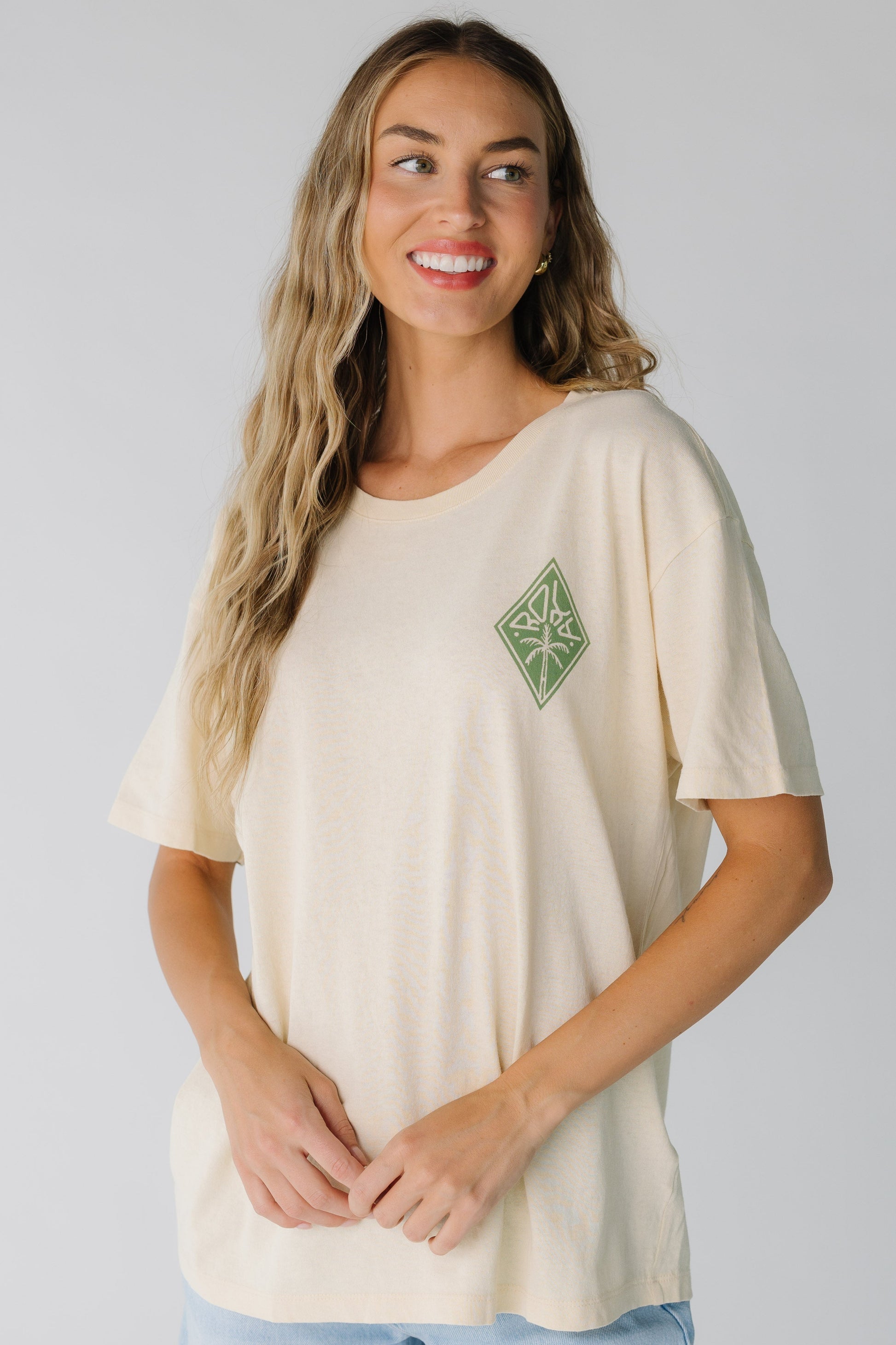 Modest Roxy graphic tee with crew neckline and short sleeves