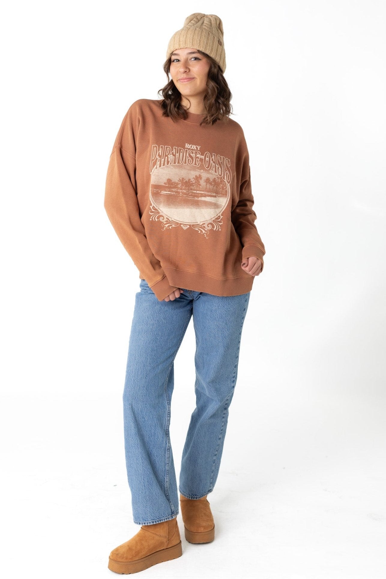 Roxy Lineup Oversized Crew graphic sweatshirt with long sleeves in cinnamon