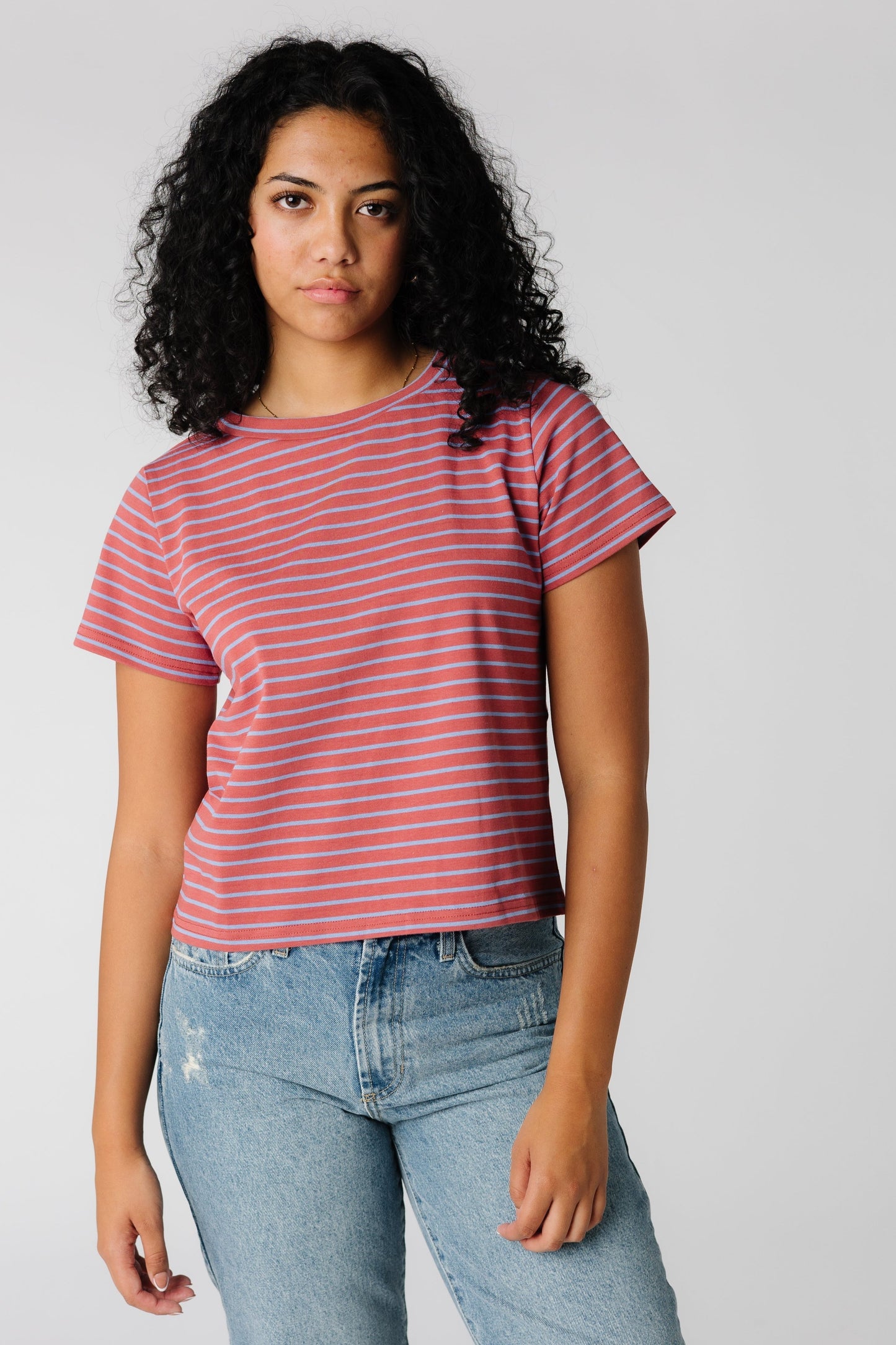Modest rust striped short sleeve tee