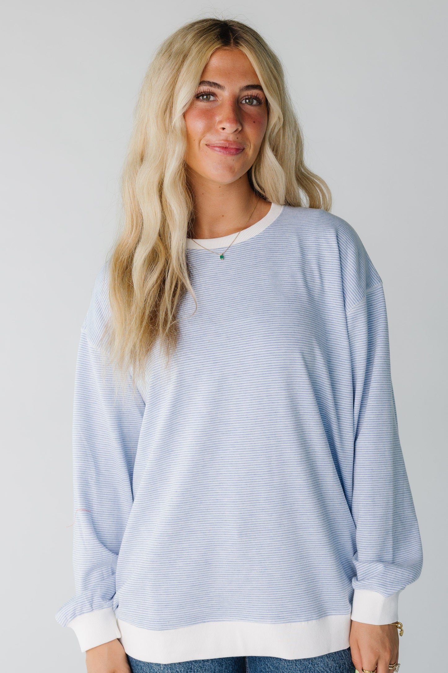 Soft Touch Striped Knit Pullover for women in narrow blue stripe