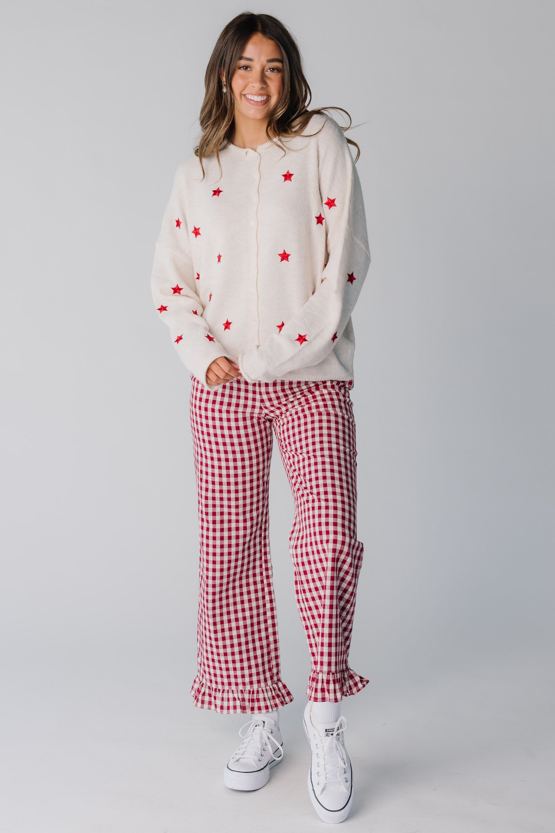 Embroidered women's cardigan in cream with red stars