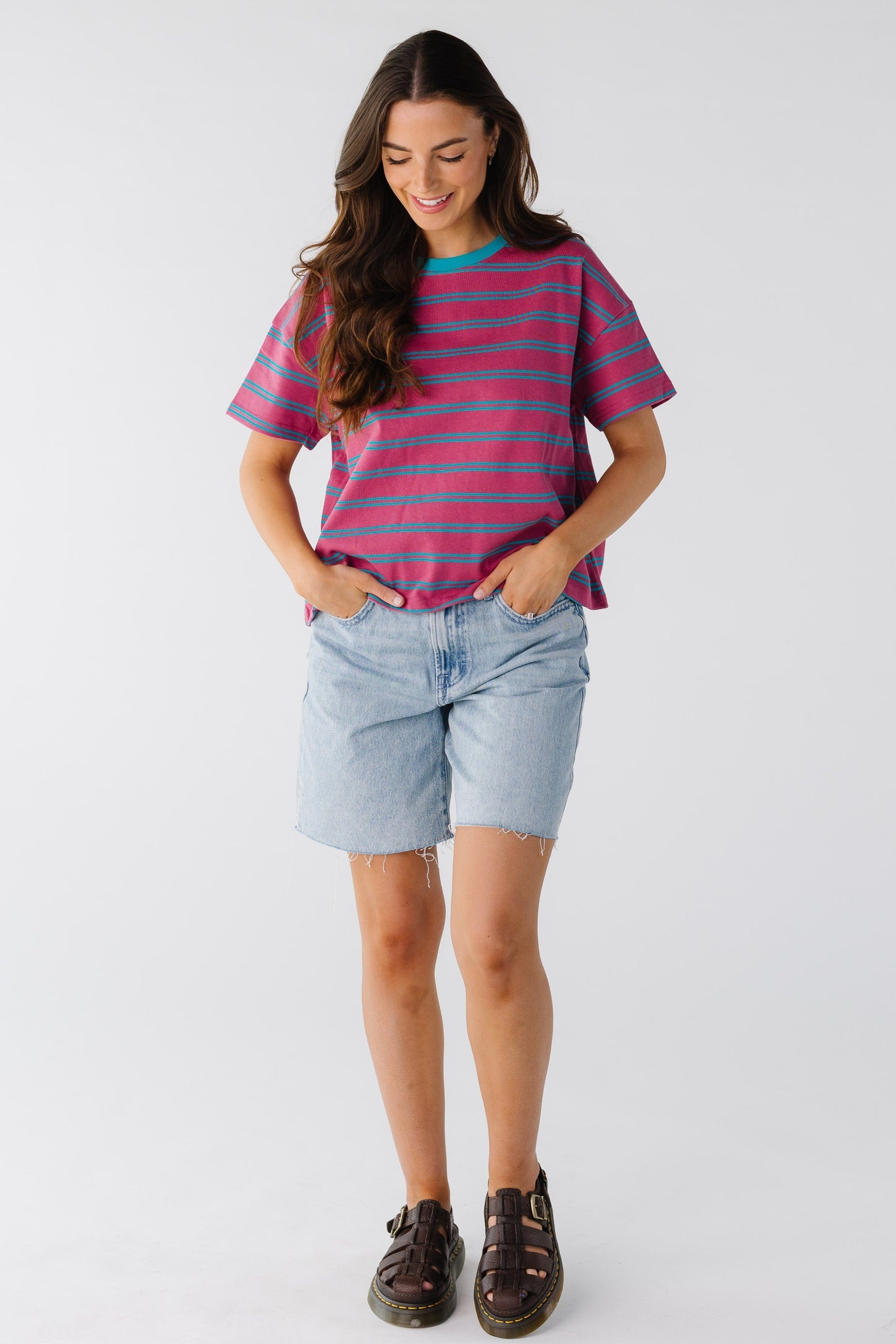 Boxy cut tee in berry and teal double stripe