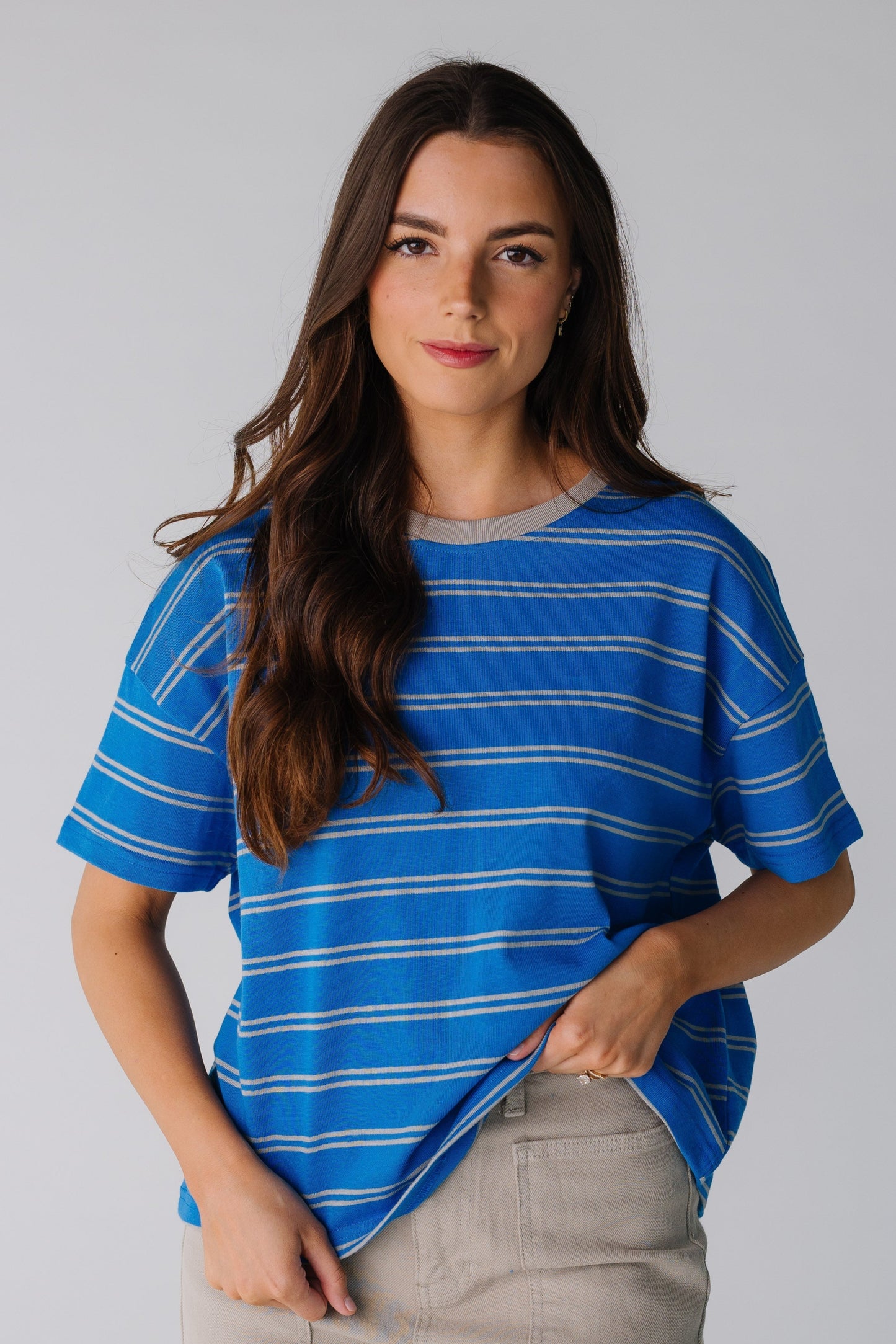 Loose fitting royal and grey stripe tee