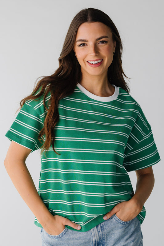 Striped Boxy Tee in green and white stripe
