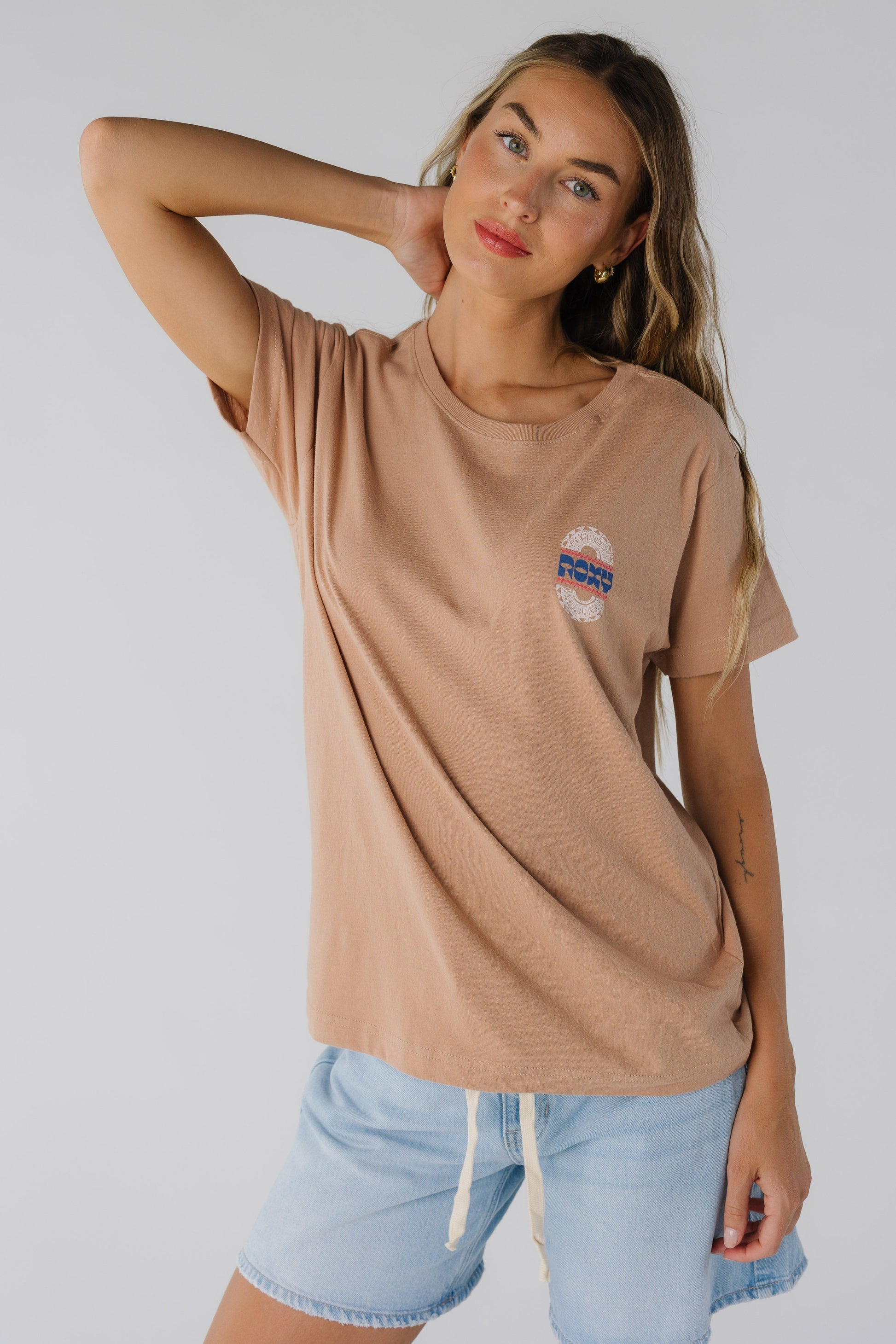 Modest Roxy with graphic tee with crew neckline and short sleeves