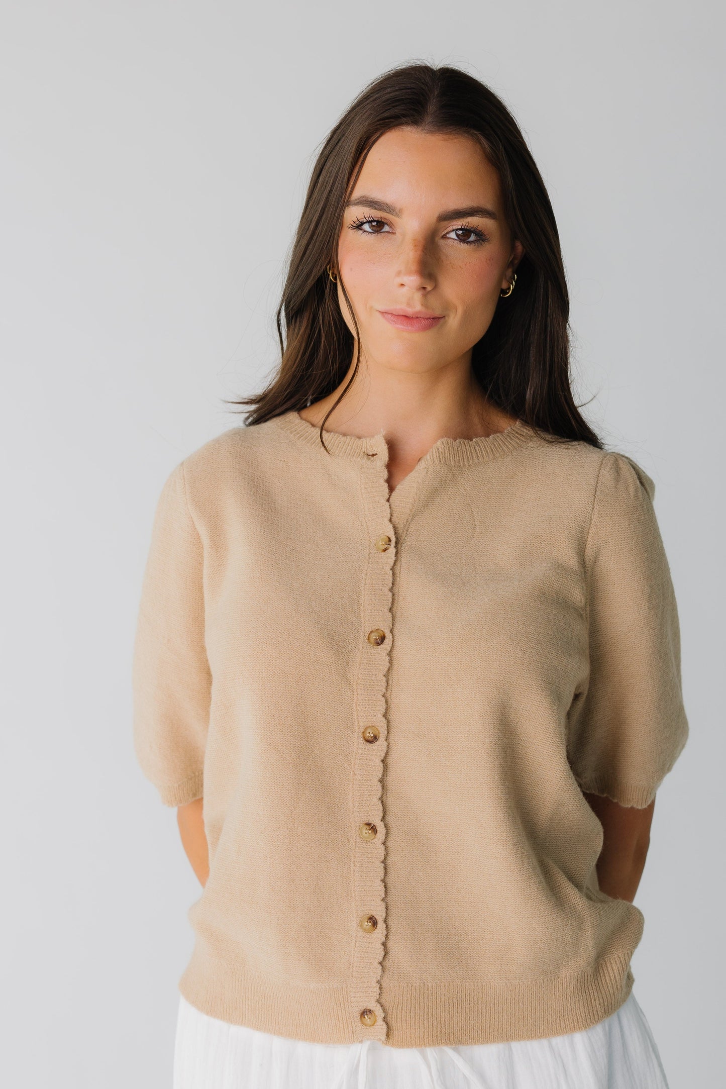 Taupe women's button down cardigan with scallop edges