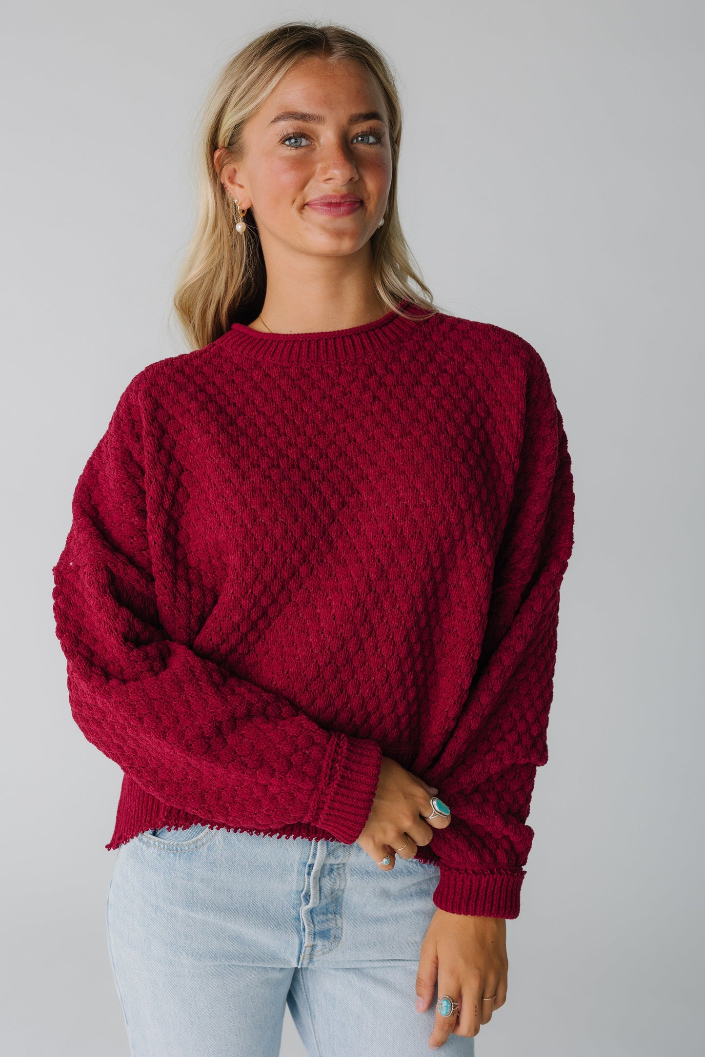 Textured Sweater for women in wine dark red