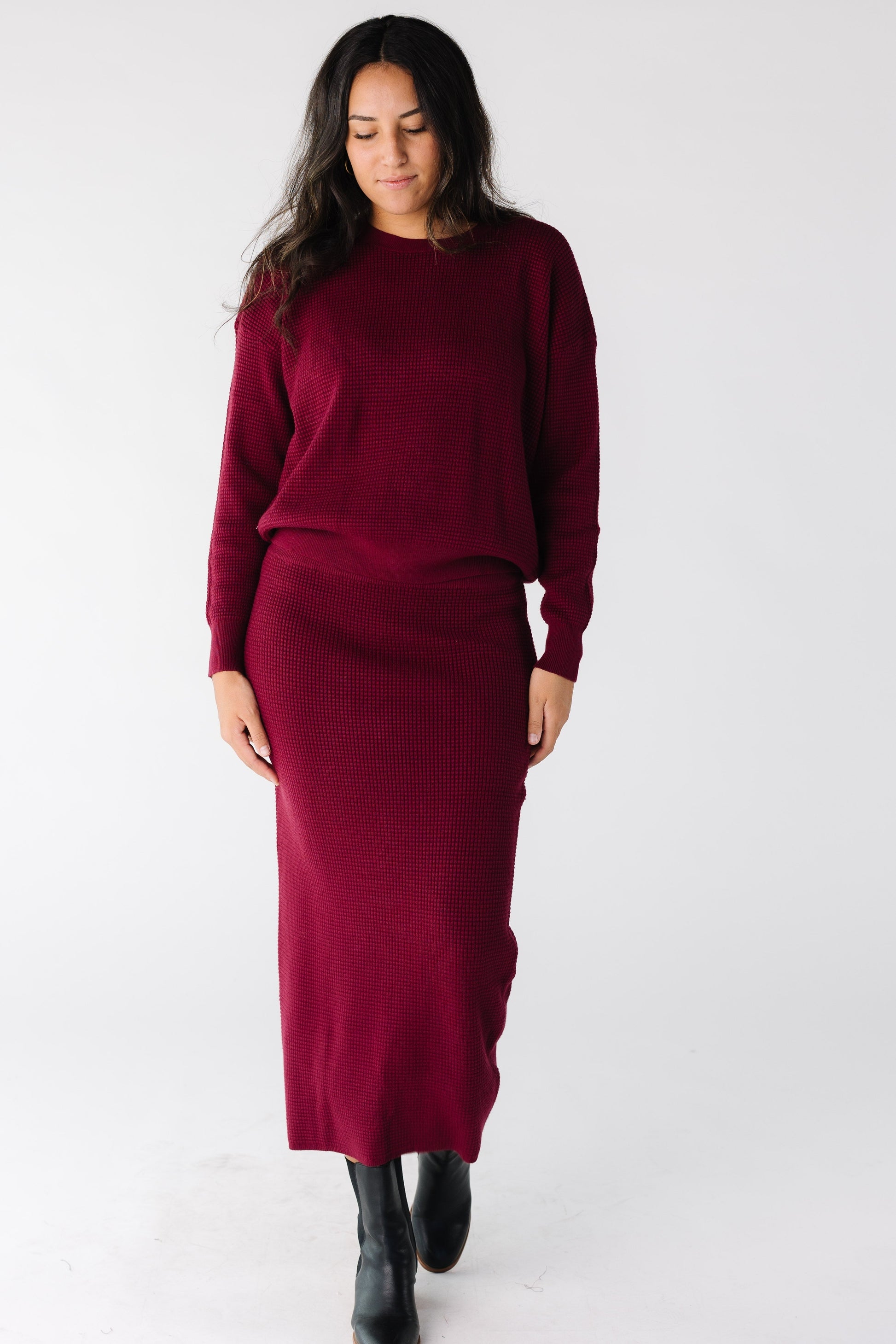 Modest women and teens mulberry sweater set with long sleeves and midi skirt