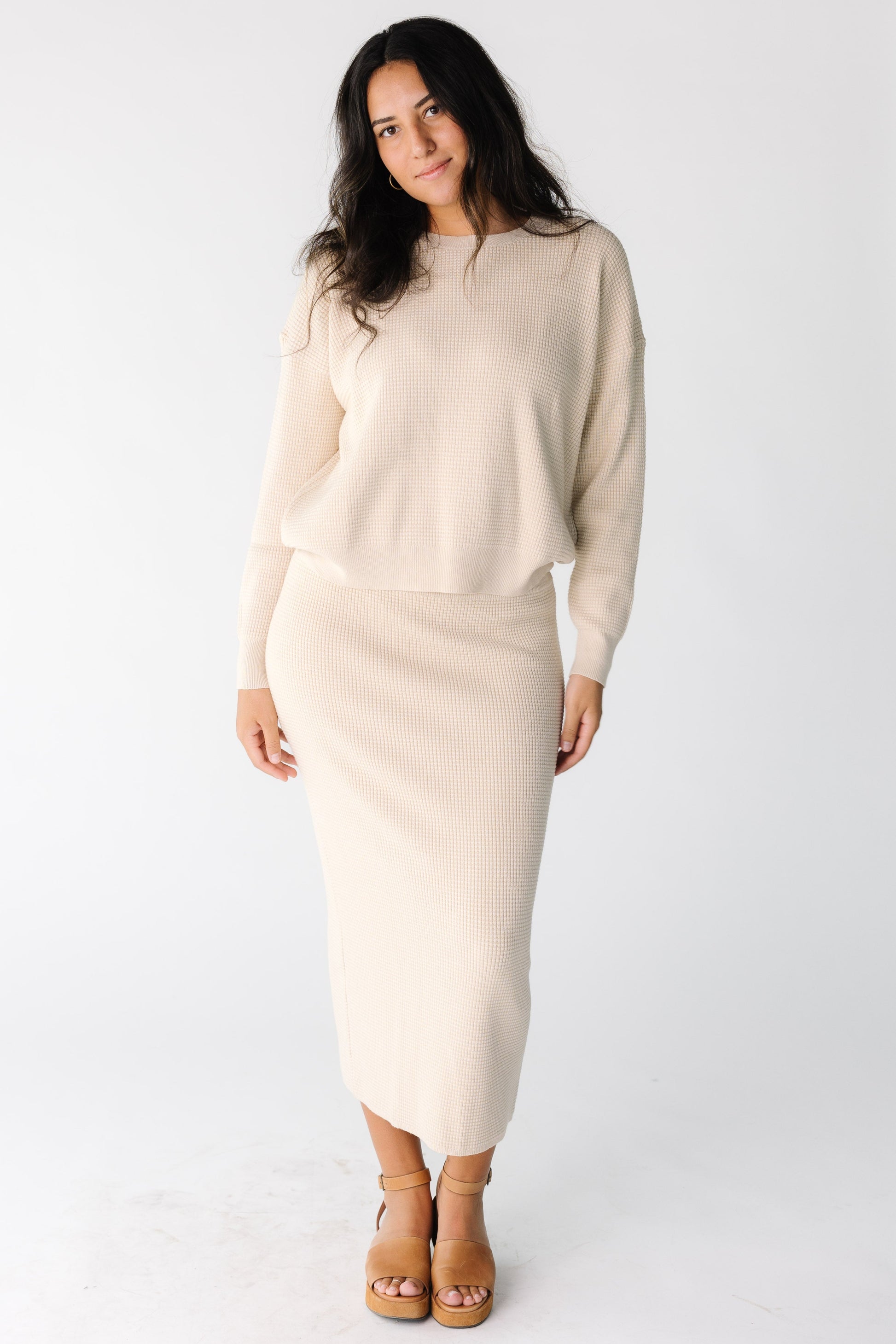 Modest women and teens oatmeal sweater set with long sleeves and midi skirt