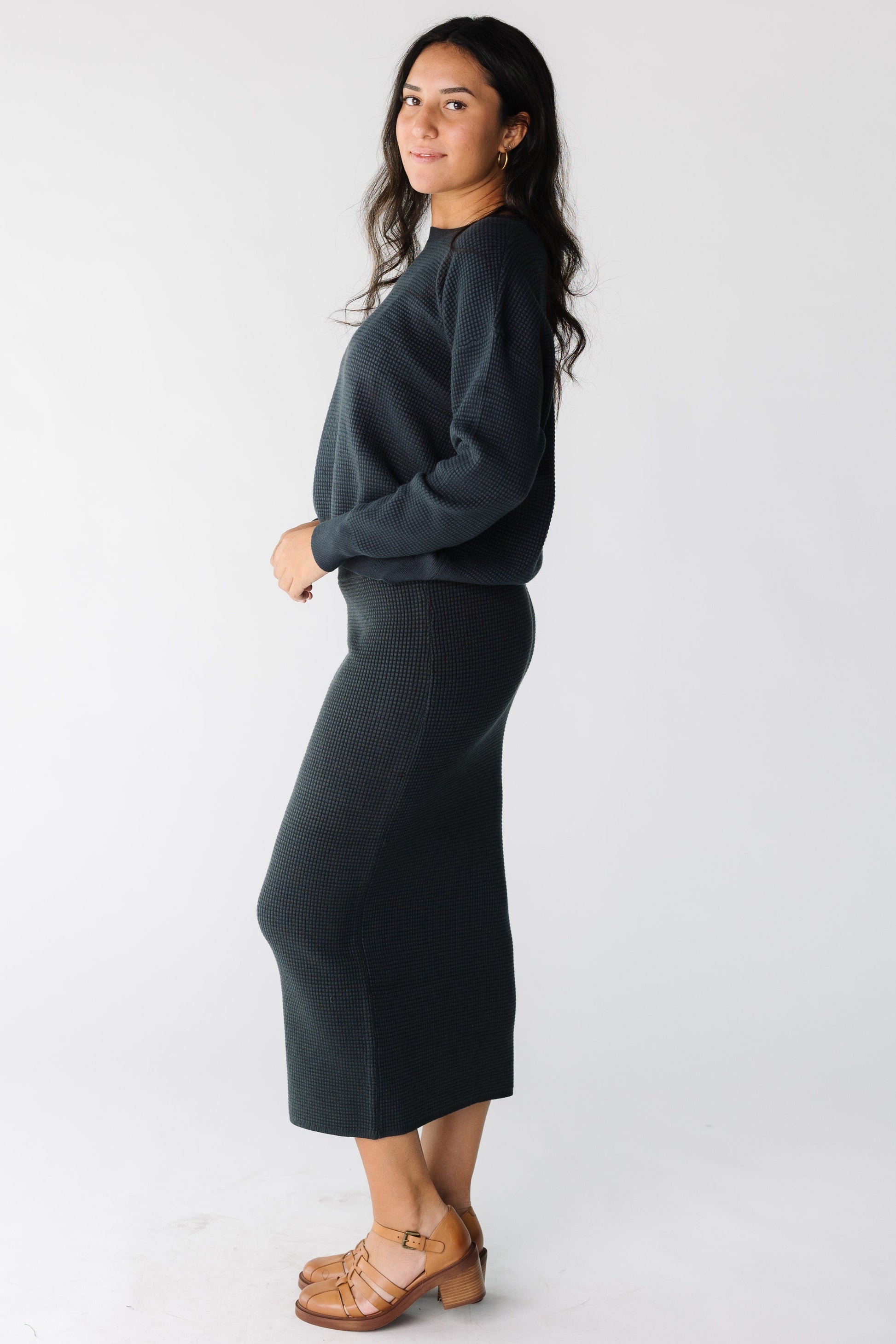 Modest women and teens navy textured dress with long sleeves and midi skirt