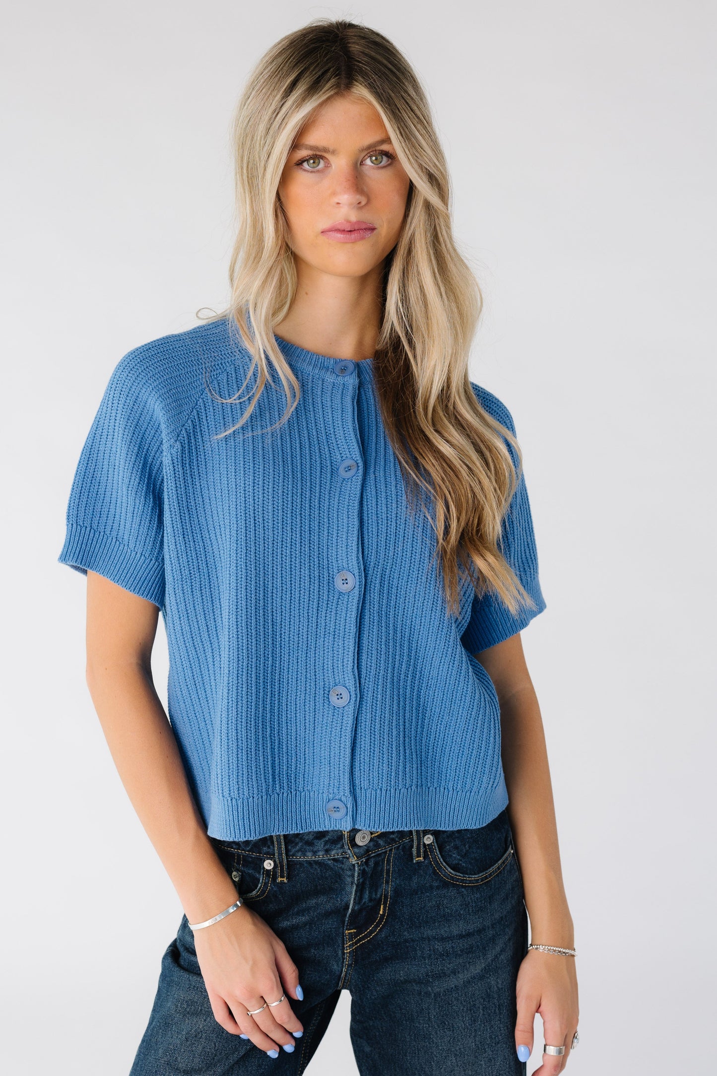 Modest women's button down textured cardigan with short sleeves
