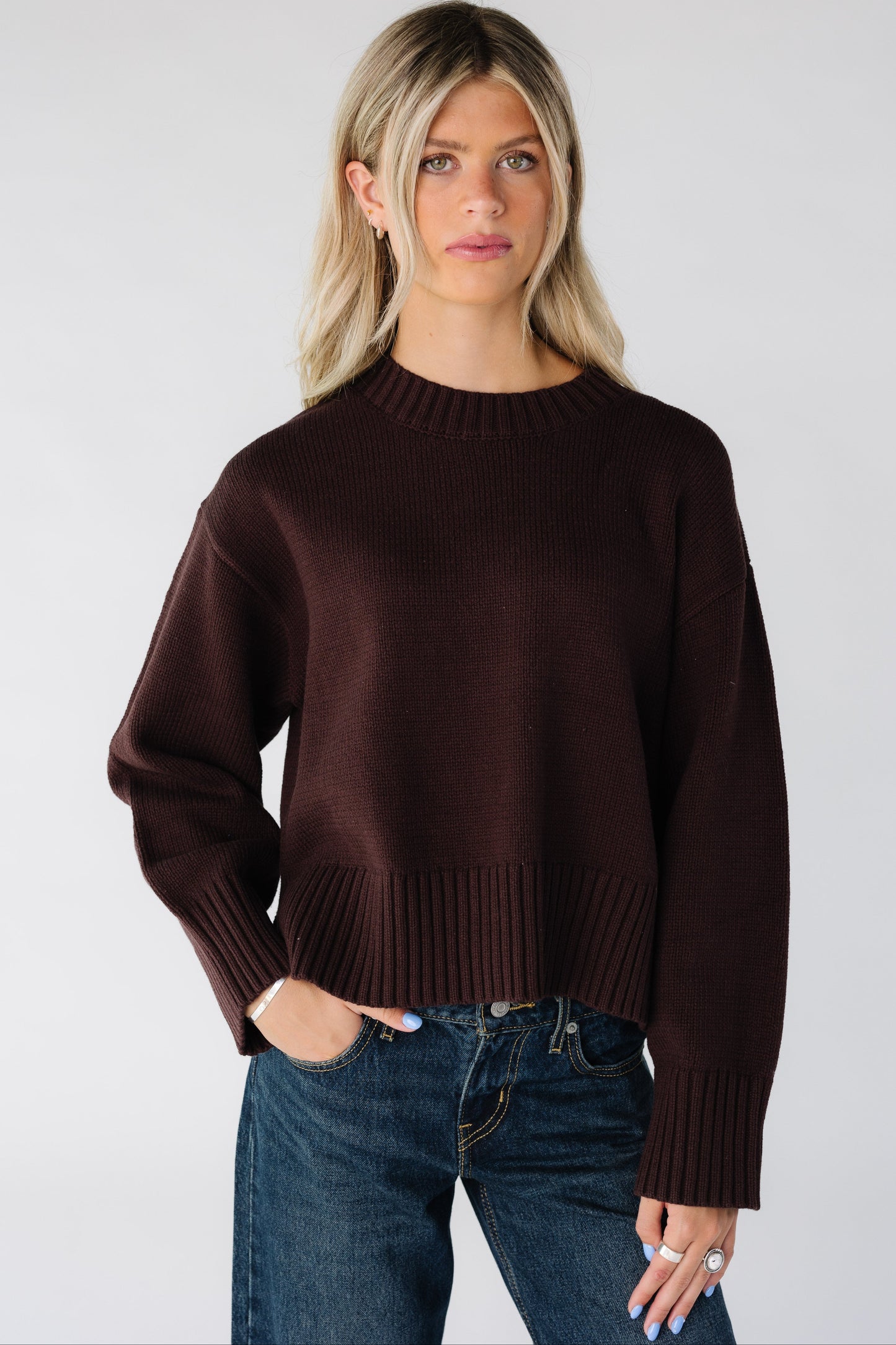 Modest women and teens brown sweater with crew neckline and long sleeves