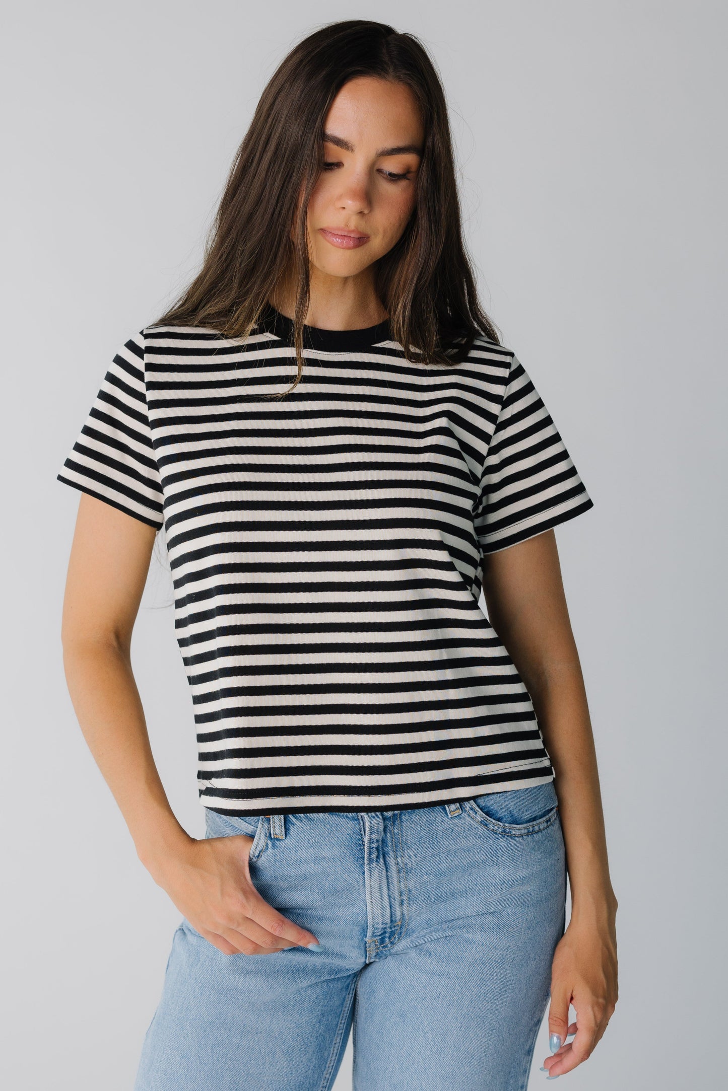 Modest women's crew neck tee with short sleeves in black and white