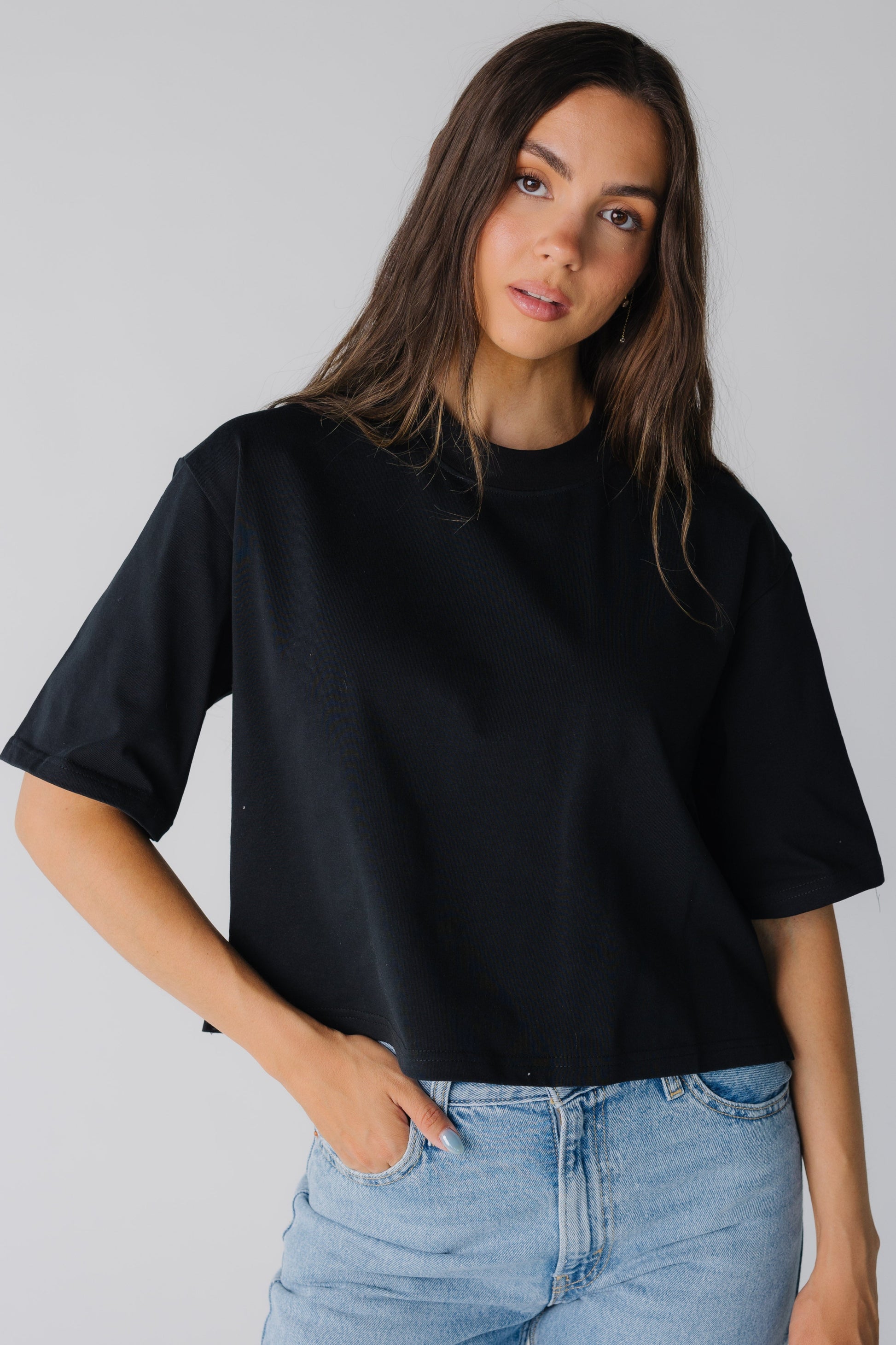 Black women's boxy tee with elbow length sleeves