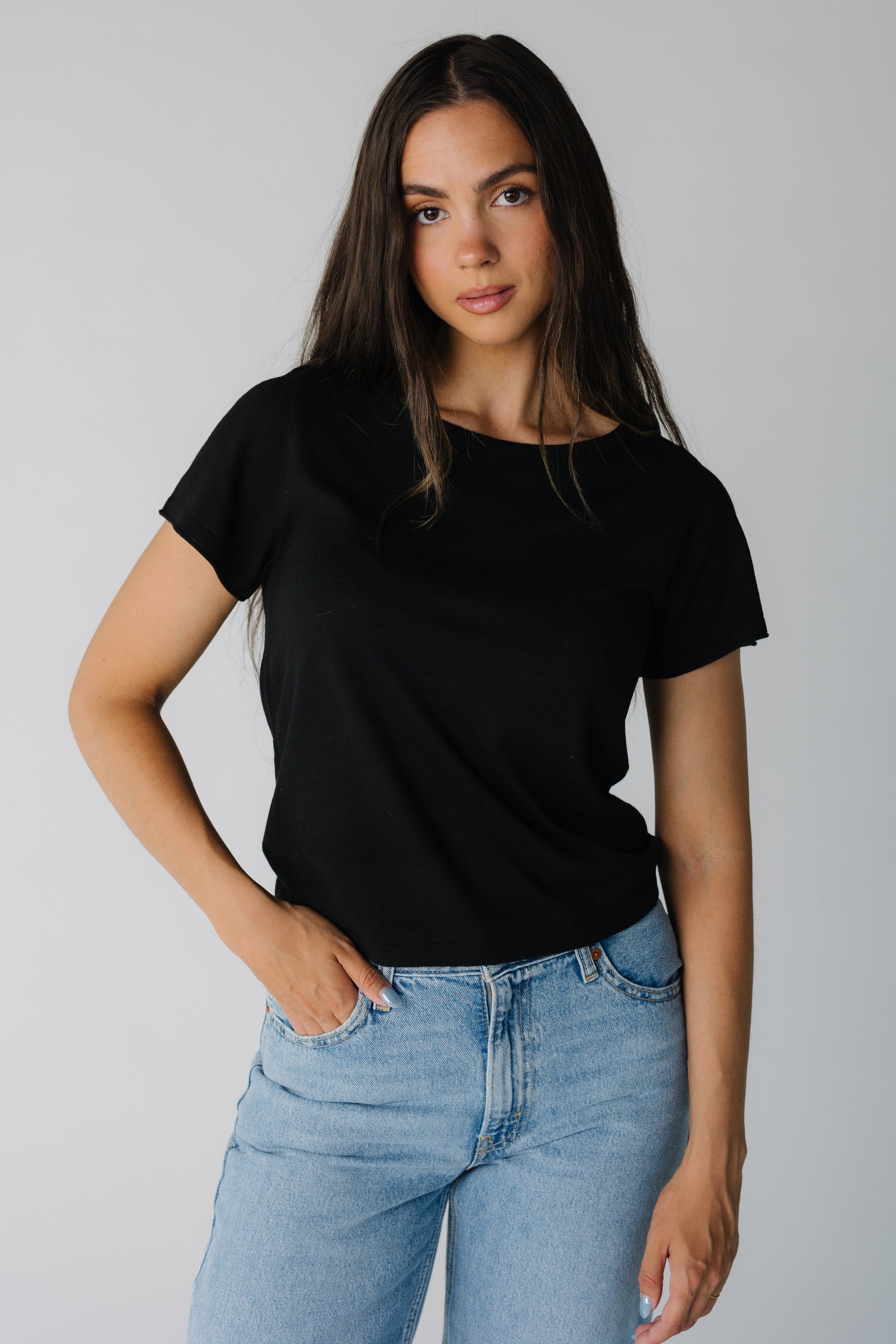 Black waist length short sleeve top for women