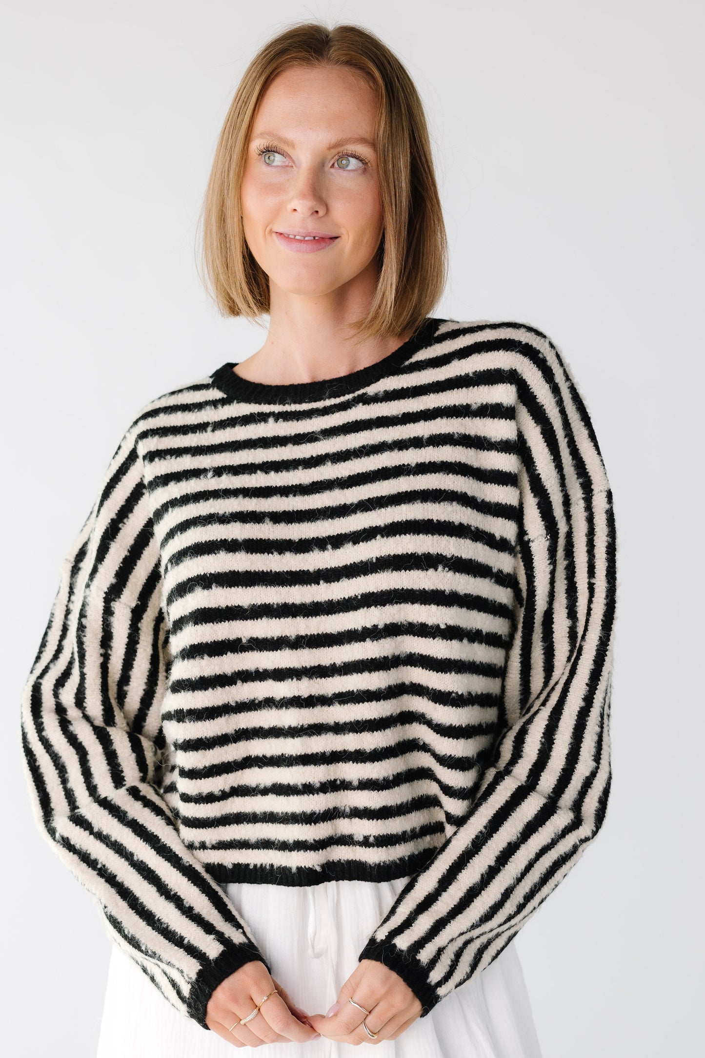 Modest long sleeve fuzzy sweater with round neckline and long sleeves