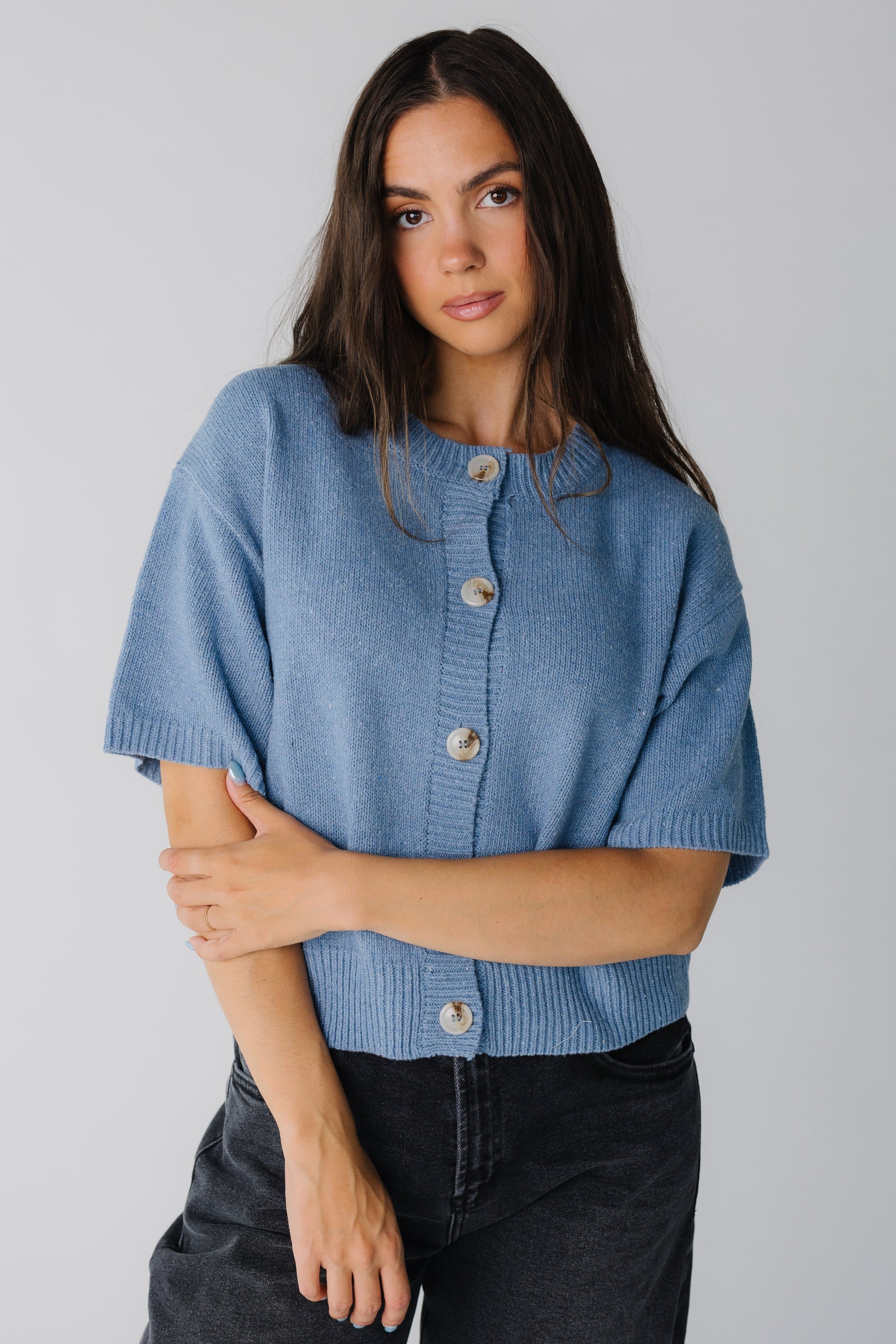Modest blue cardigan with crew neckline and elbow length sleeves in blue