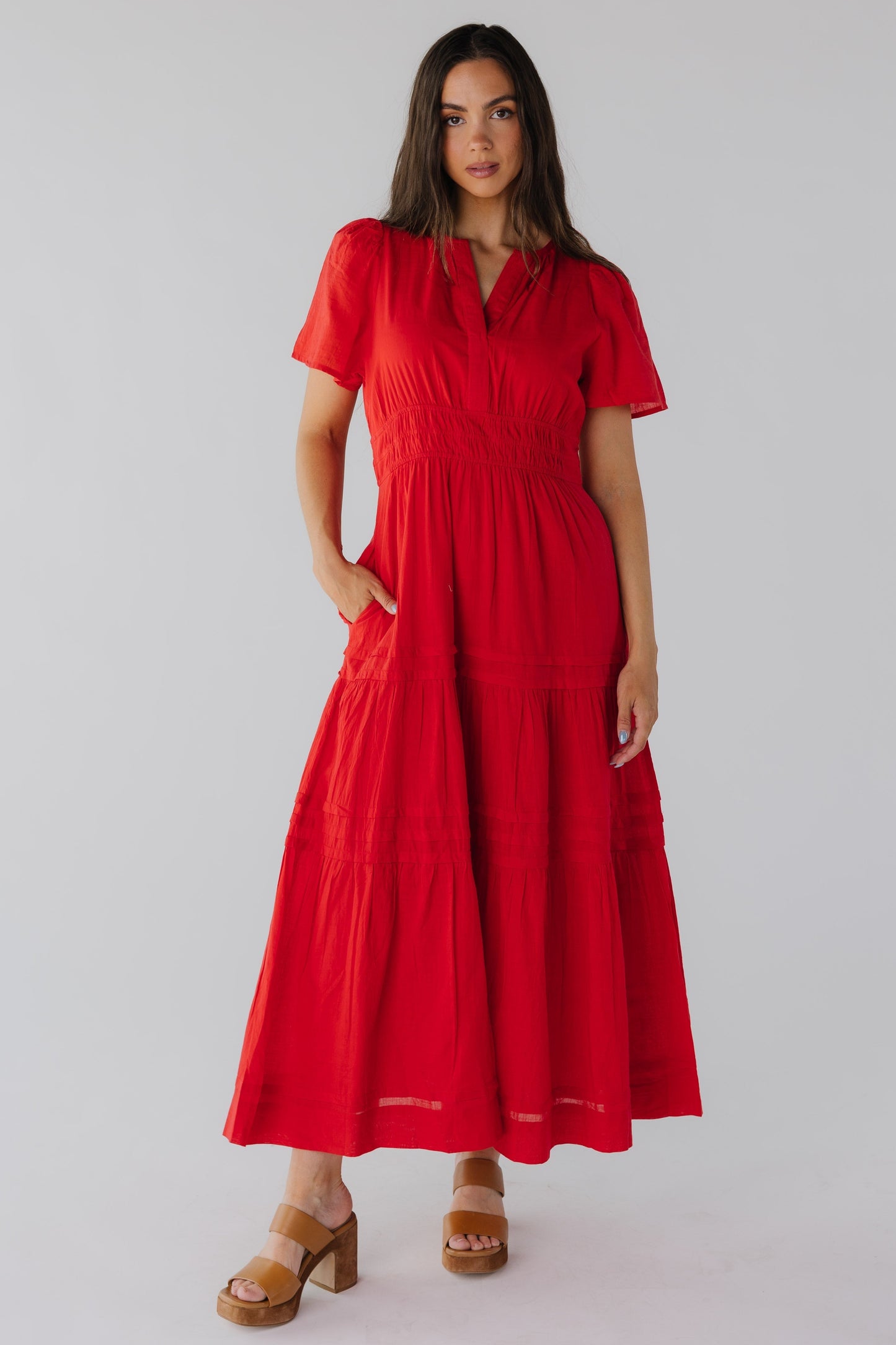 Red maxi with blousy bodice and full skirt