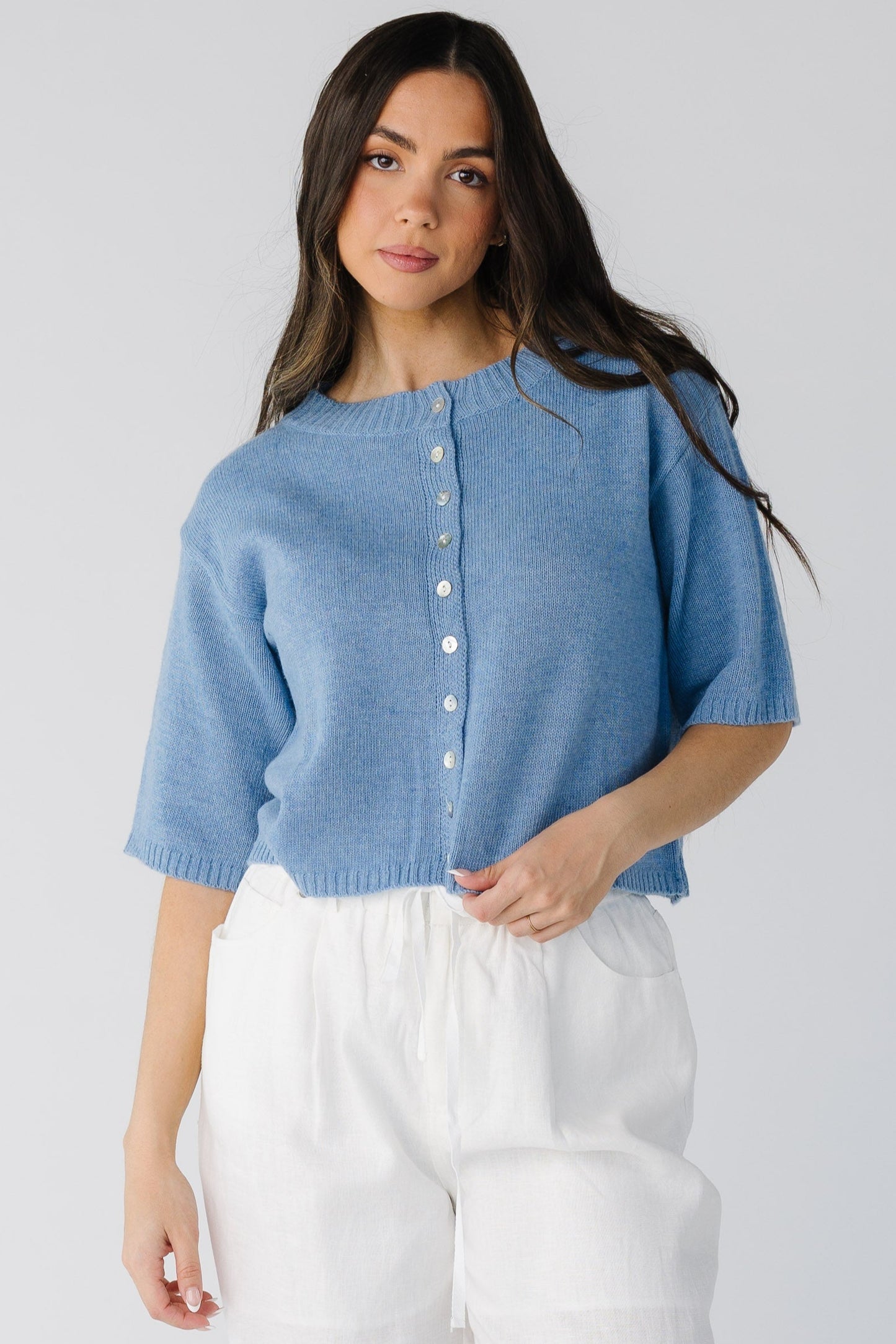 Blue loose fitting button down cardigan