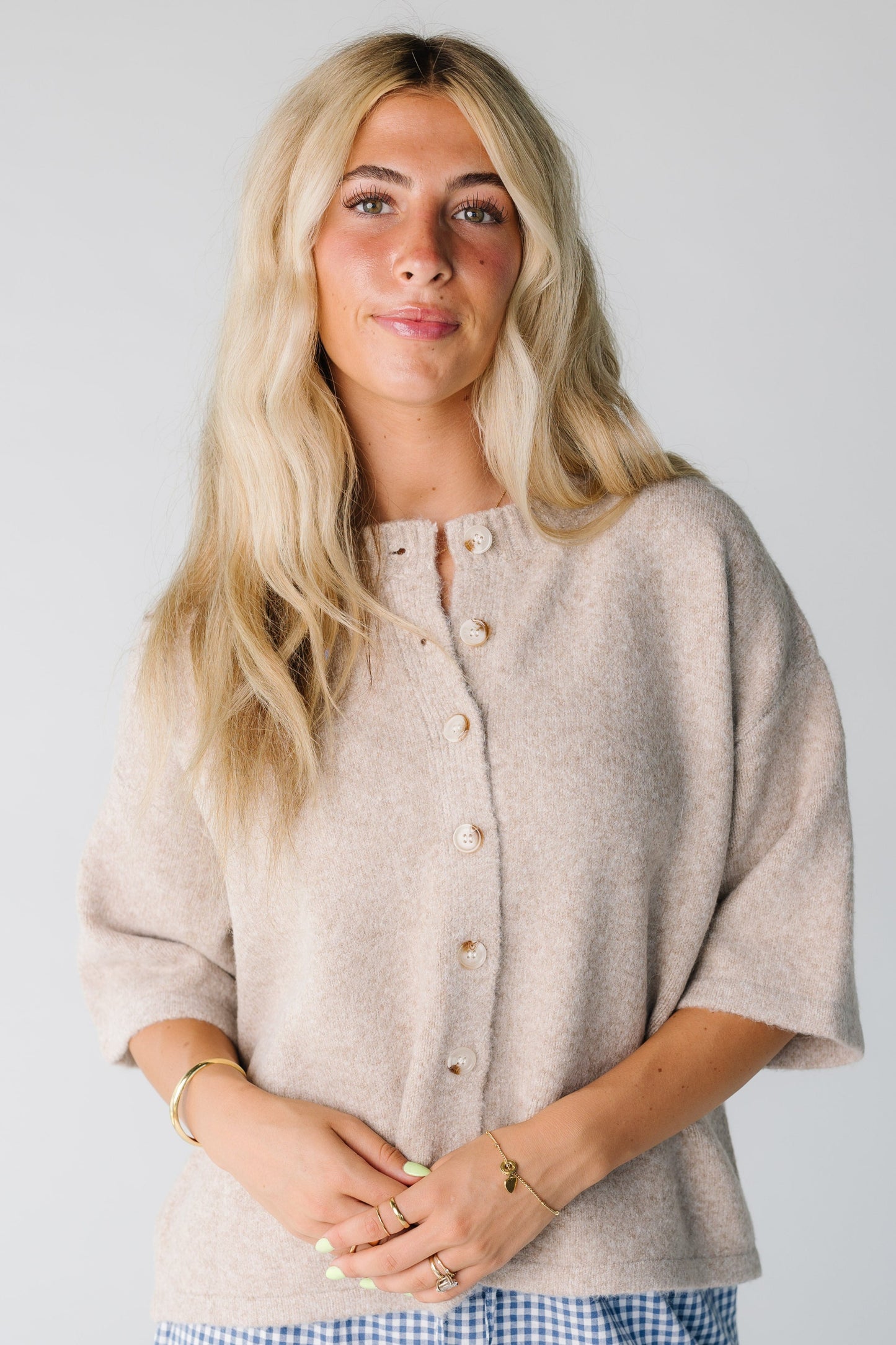 The Julieta Short Sleeve Cardigan for women in mocha tan