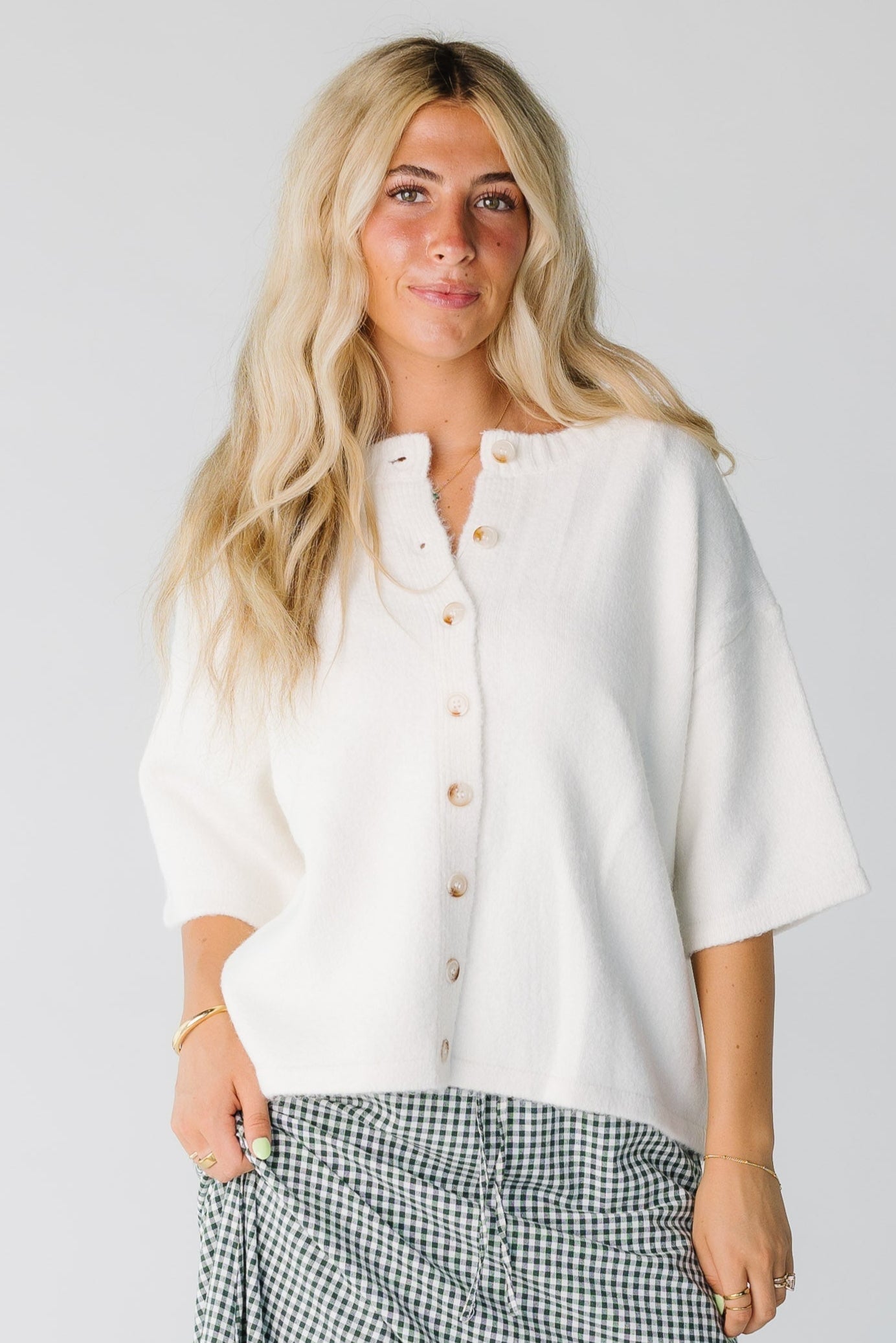 The Julieta Short Sleeve Cardigan for women in off white