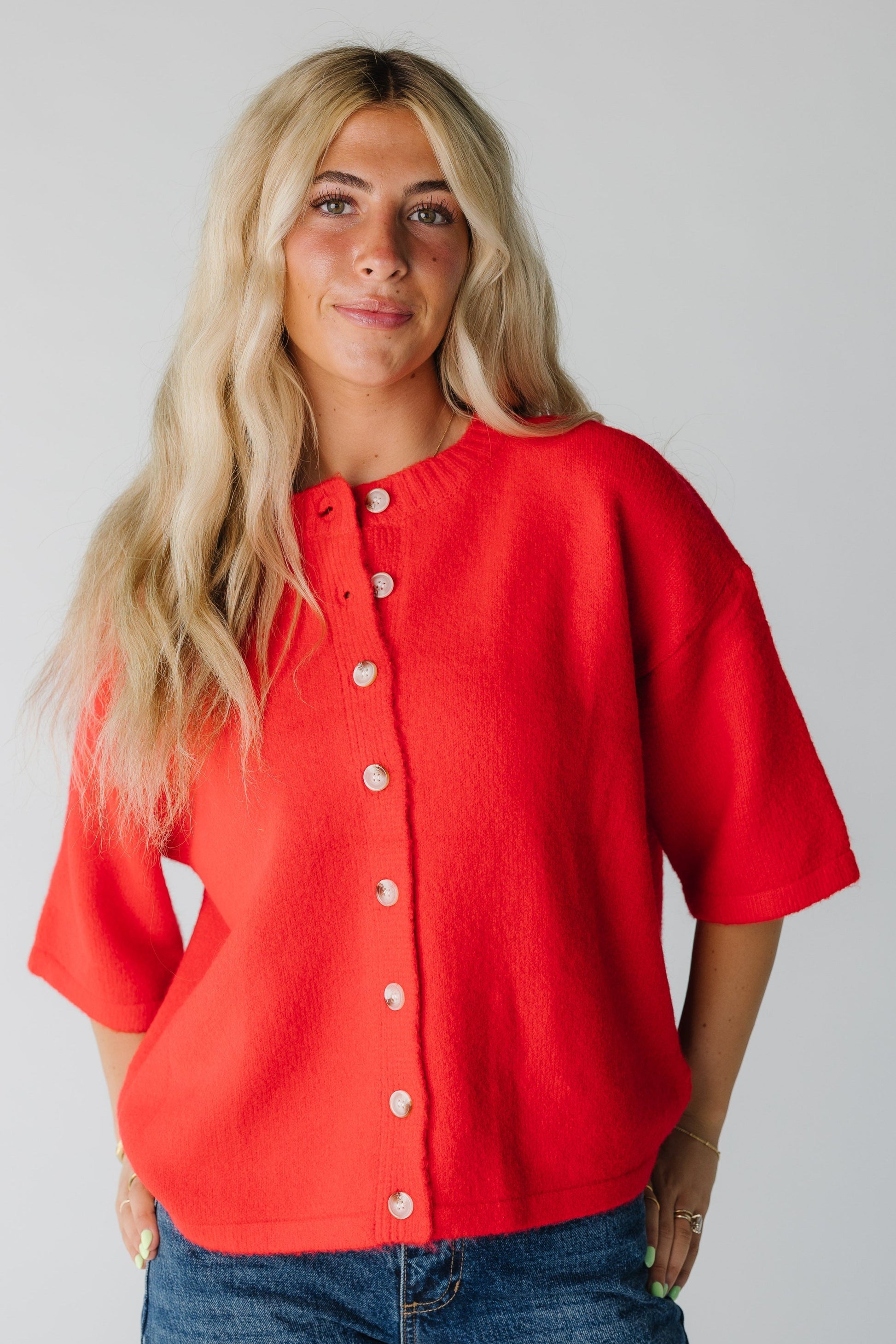 The Julieta Short Sleeve Cardigan for women in red