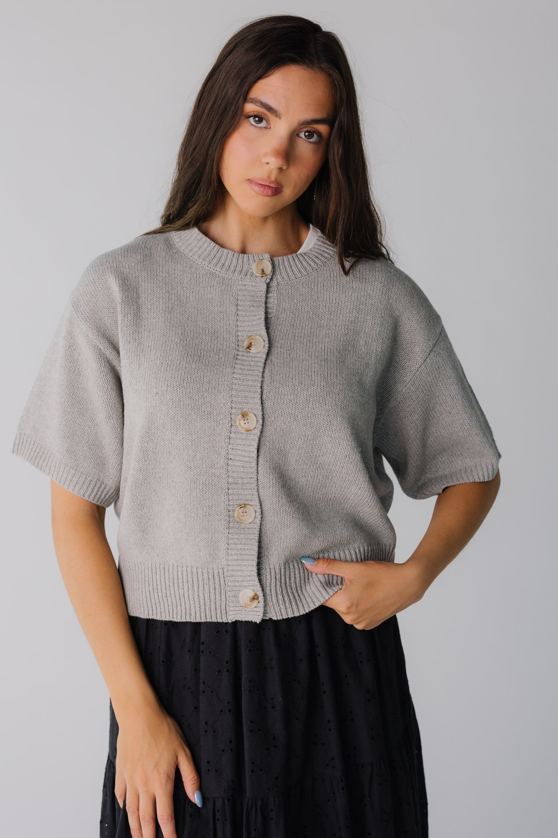 Heather grey loose cardigan with large buttons and elbow length sleeves