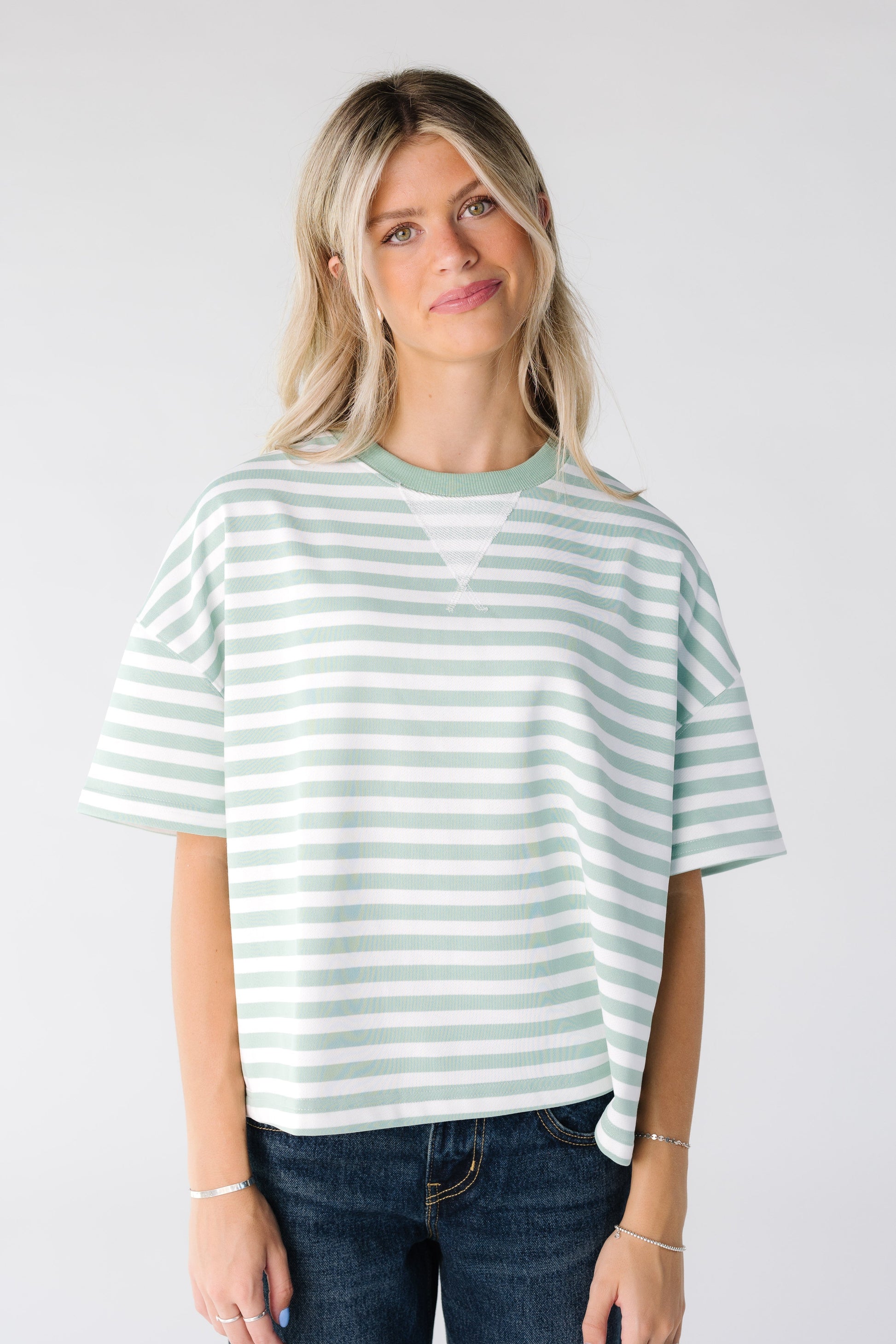 Modest women and teen mint stripe tee with short sleeves and crew neckline