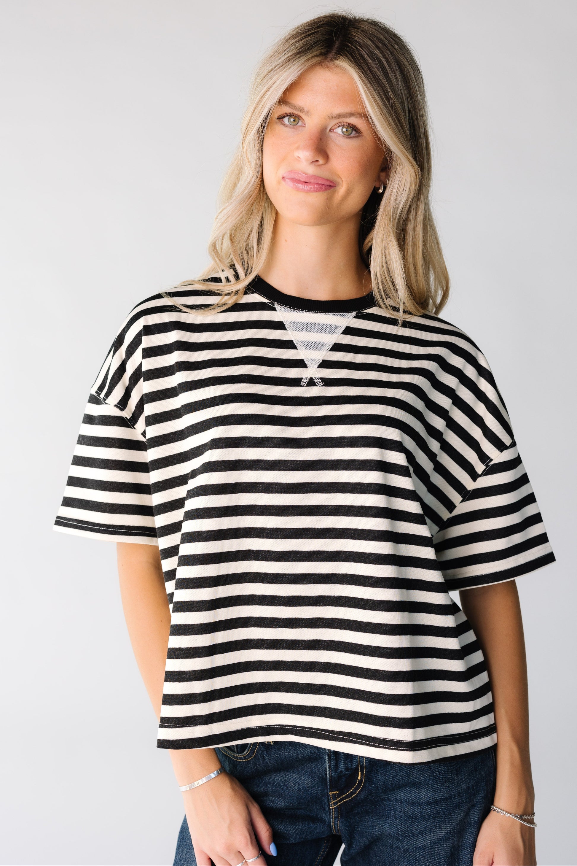 Modest women's and teens black and white stripe tee