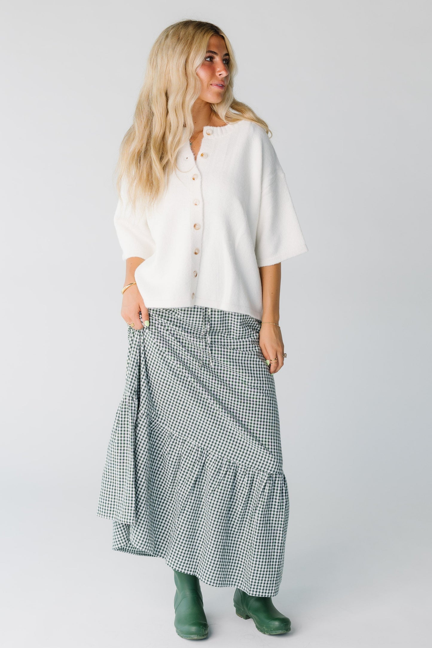Modest green gingham maxi skirt