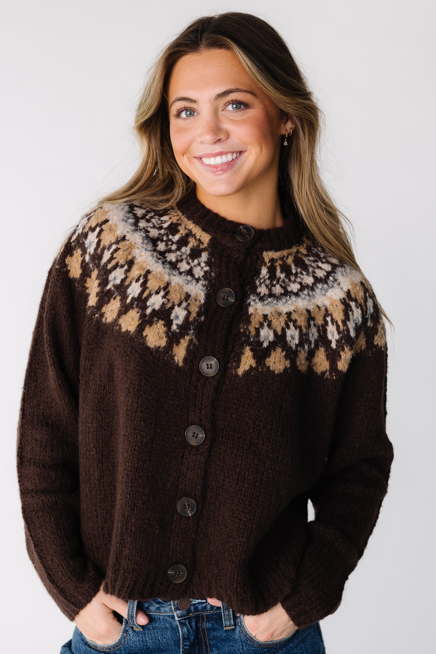 Modest women and teens long sleeve cardigan with crew neckline