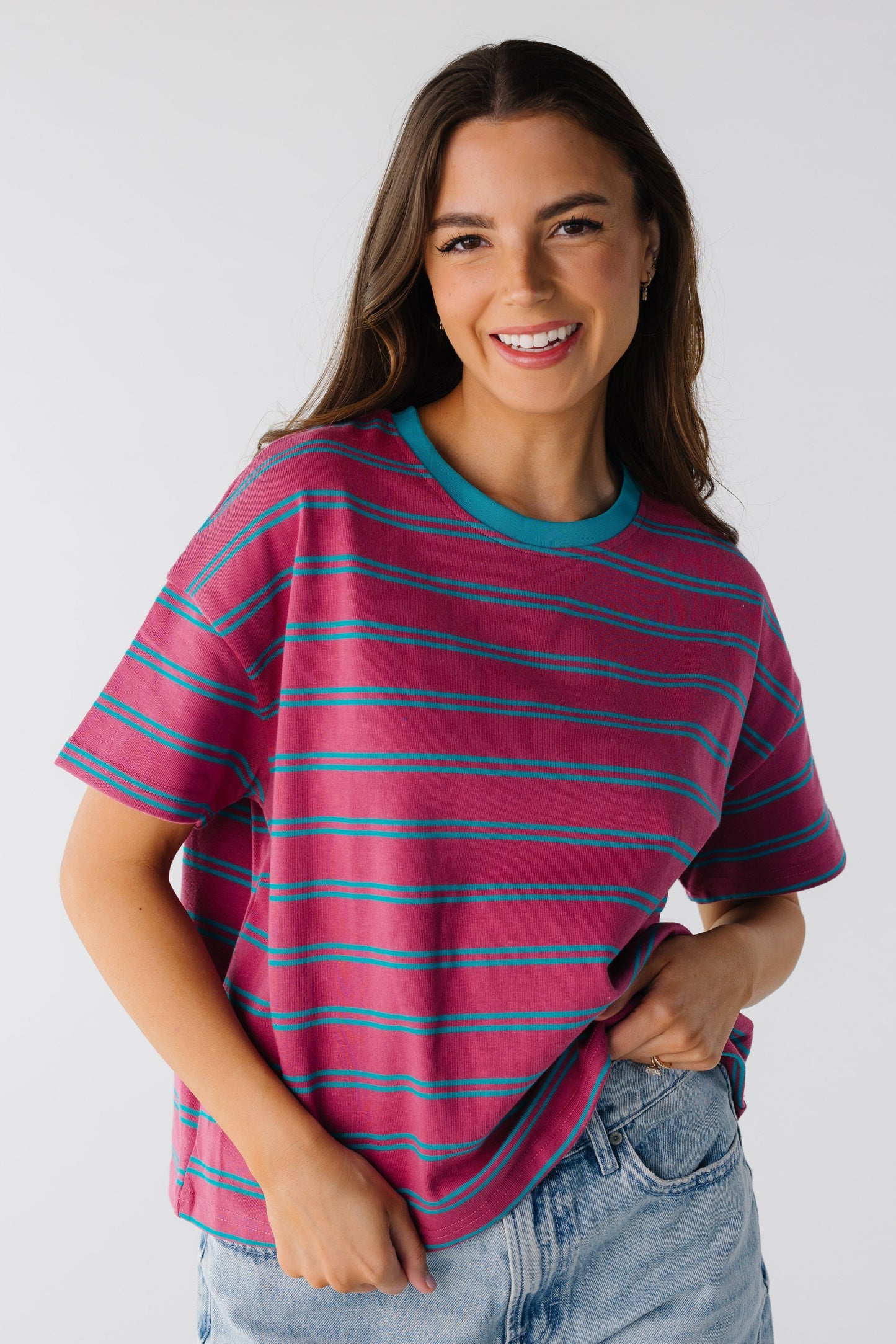 Berry and teal double stripe boxy tee with teal ribbing