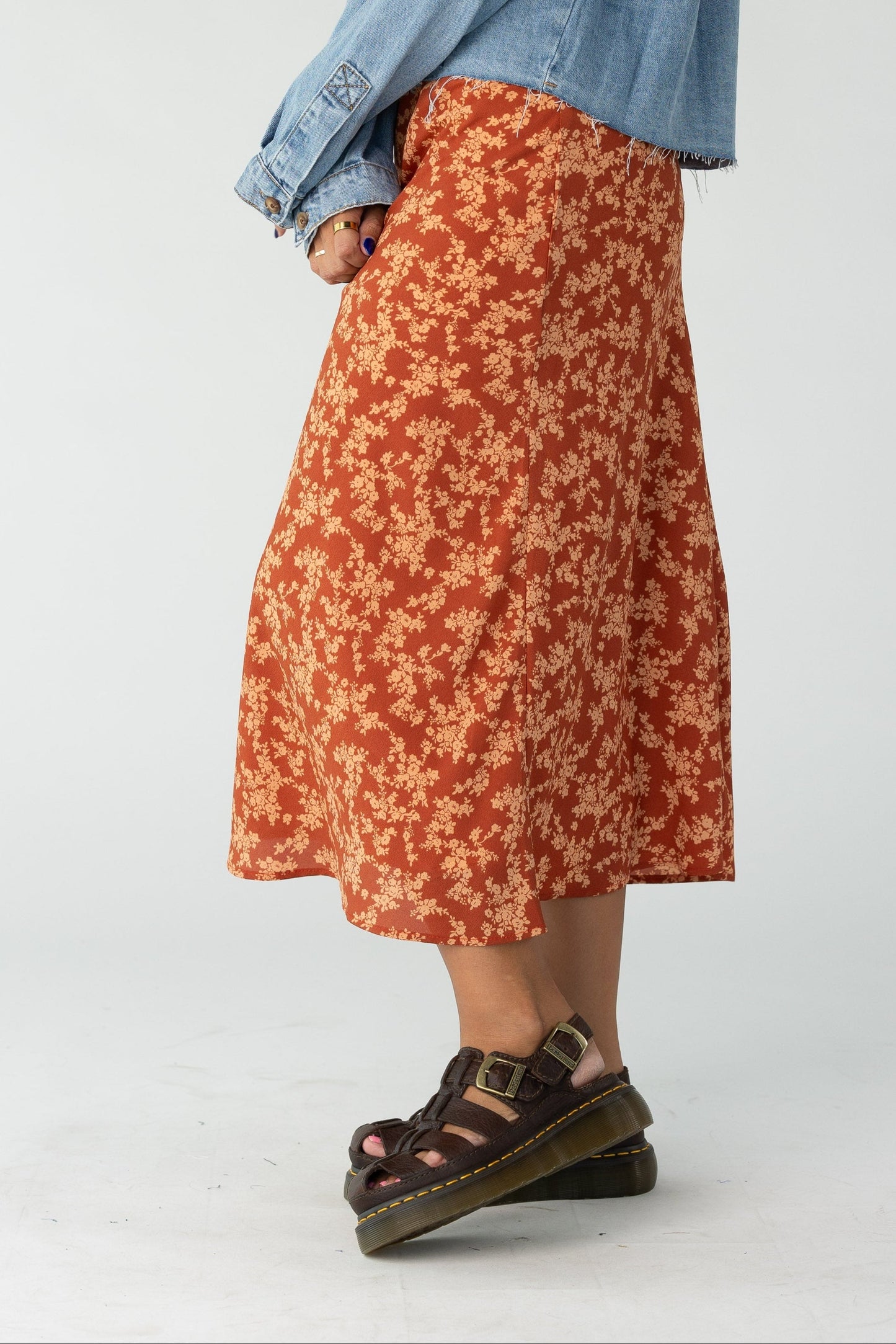 Brass & Roe The Ellie Midi Skirt for women and teens in rust floral print