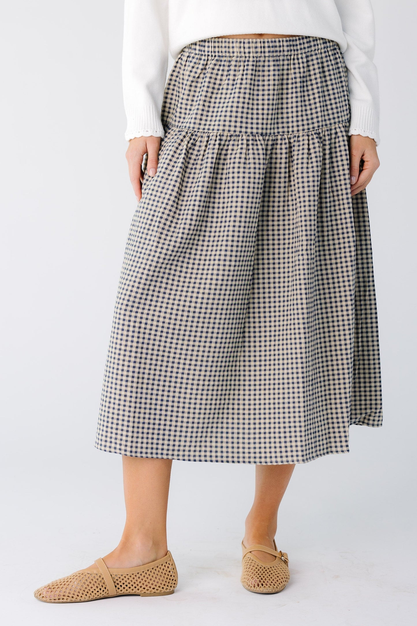 Modest navy gingham midi skirt with drop waistline
