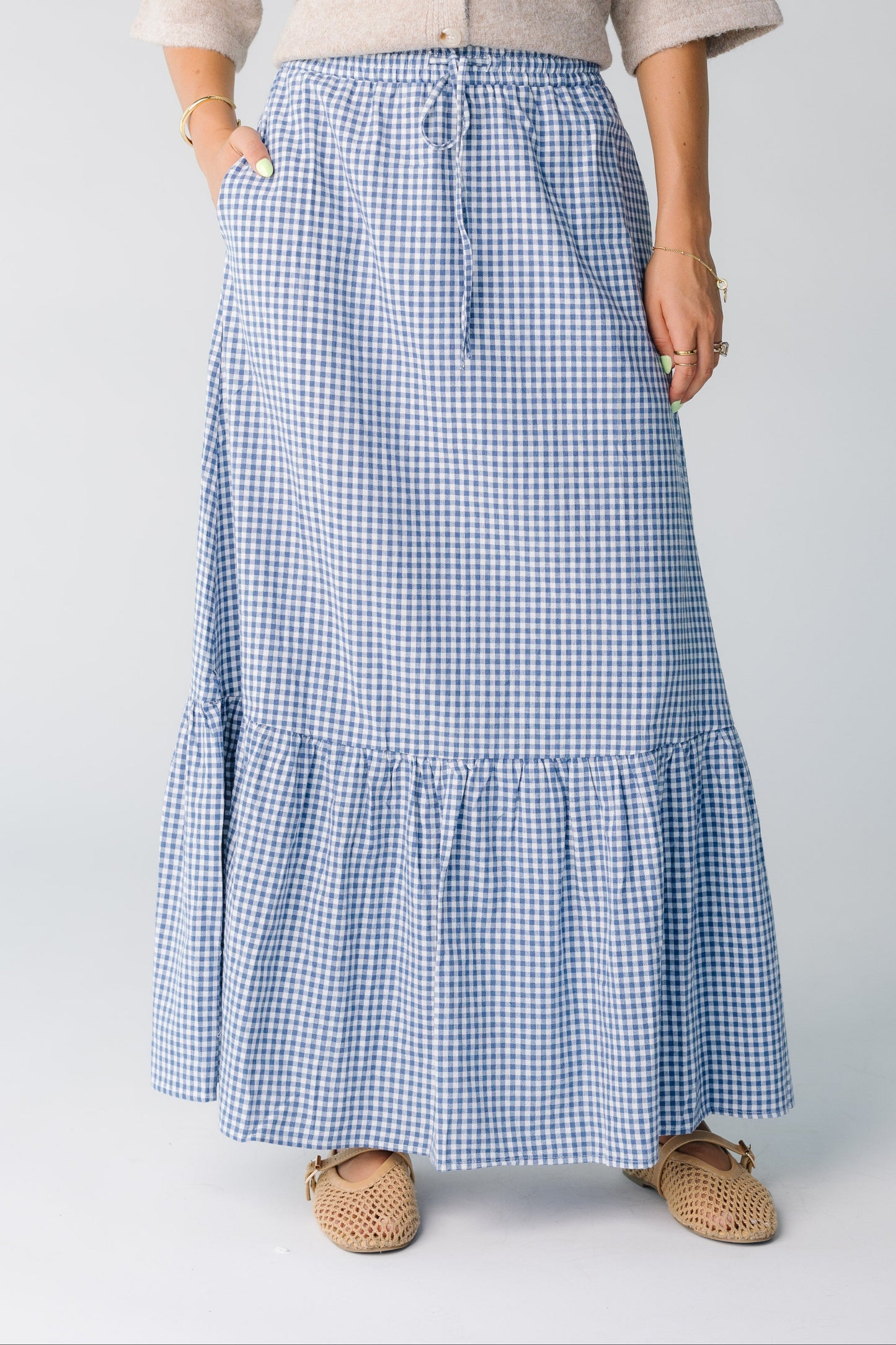 Modest women's blue gingham maxi skirt