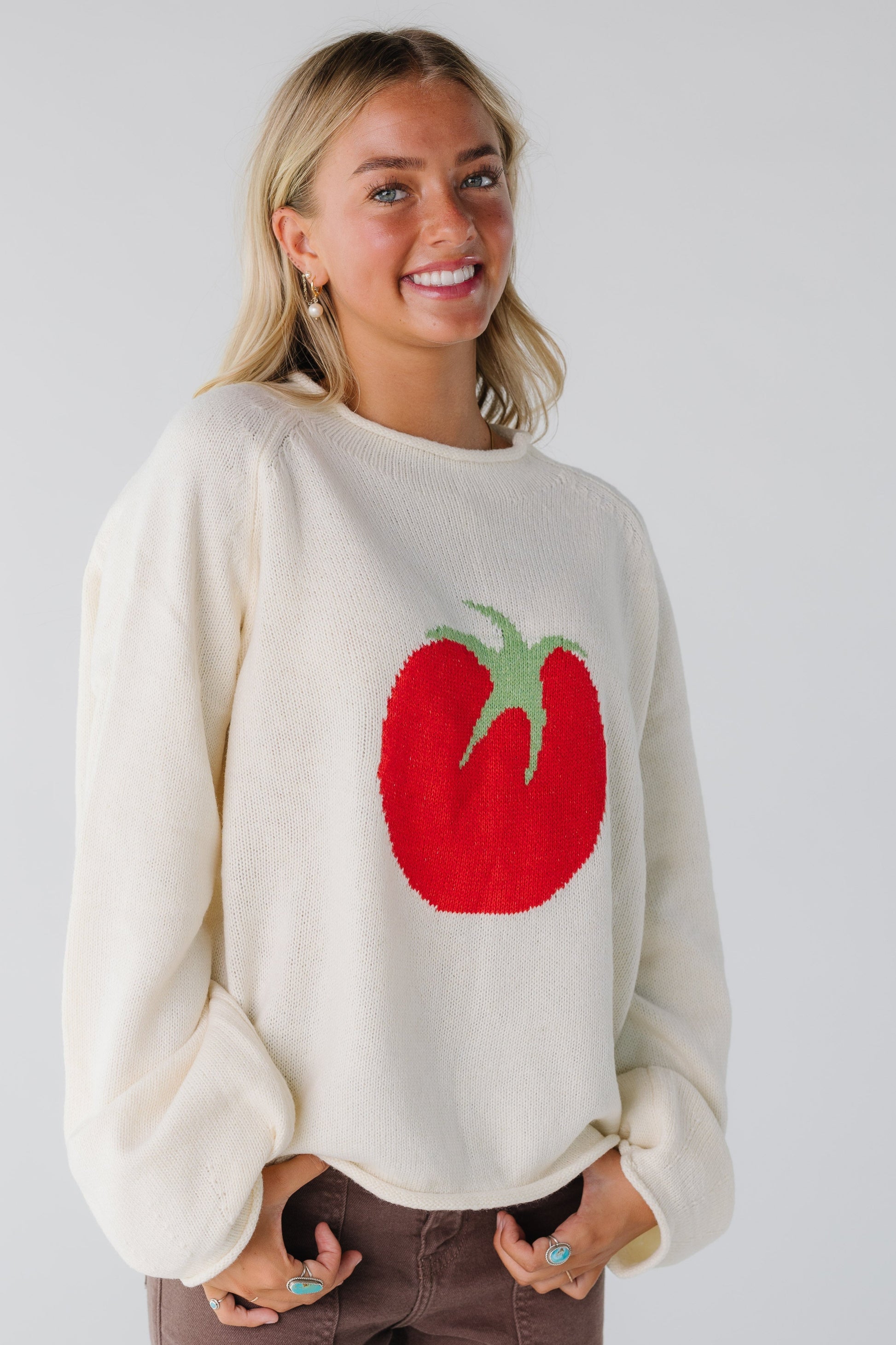 Modest women's ivory graphic sweater with large tomato graphic