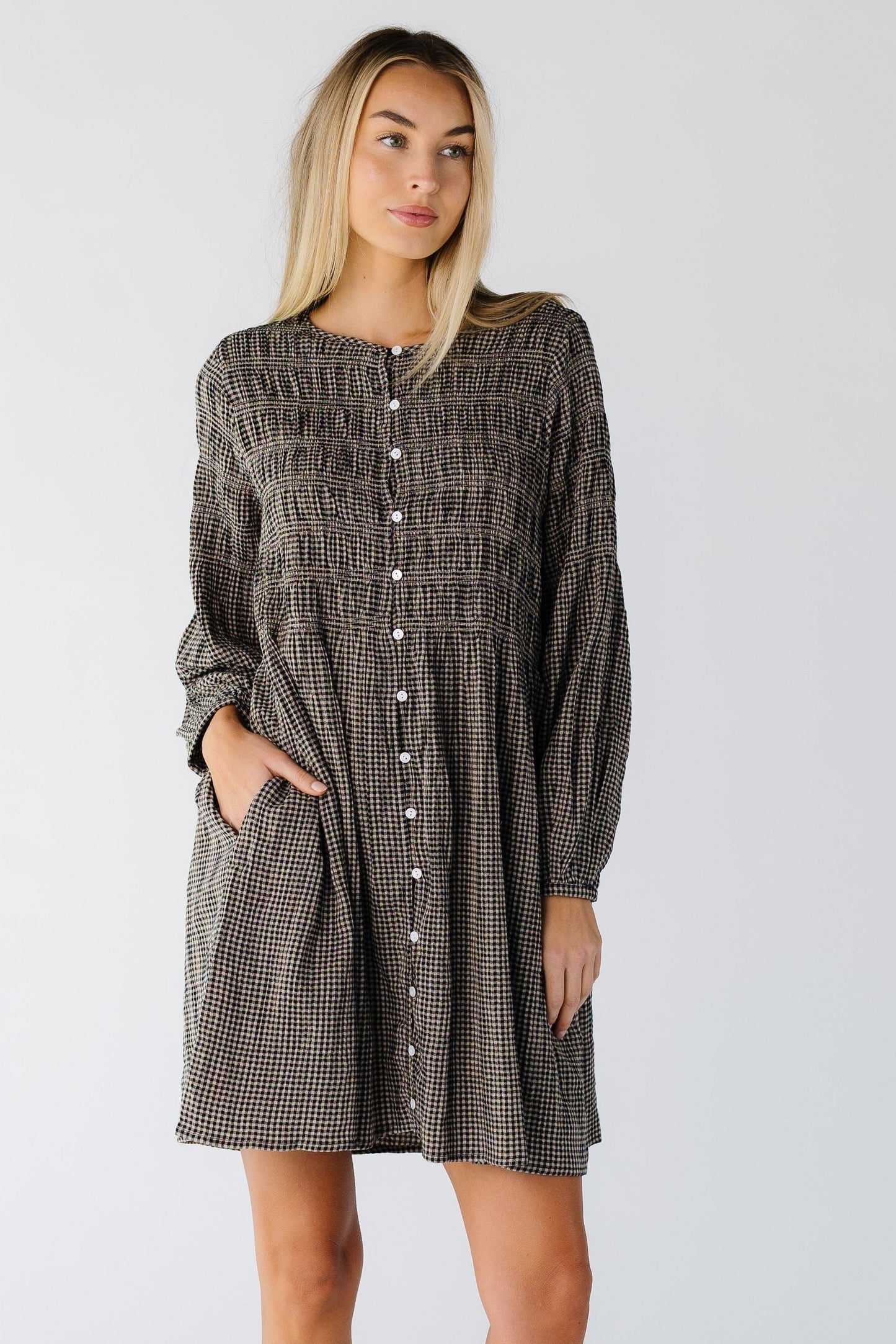 Brass & Roe Mia Smocked Checker Dress for women and teens in black and tan gingham