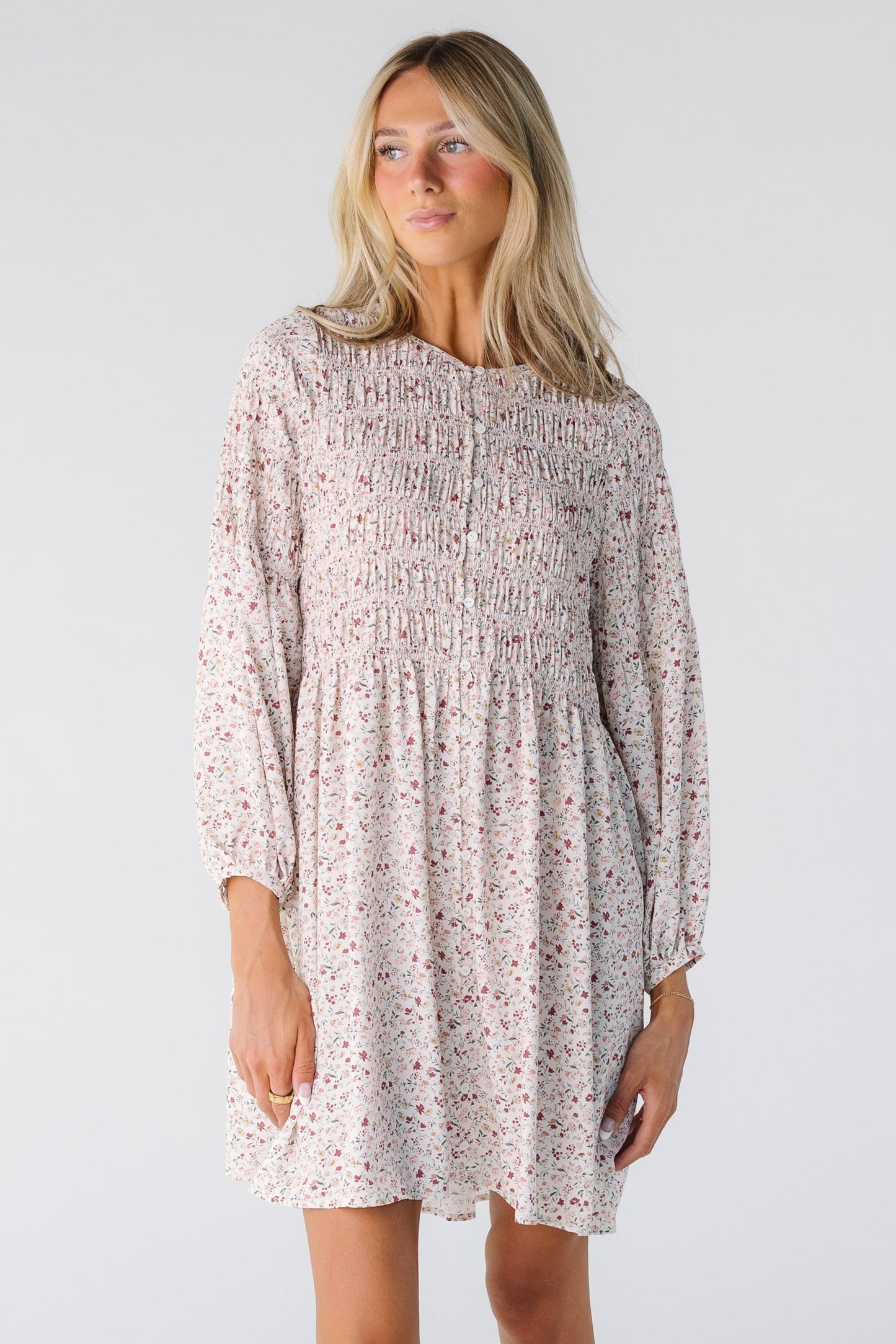 Brass & Roe Mel Knee Dress for women and teens in a cream floral print dress