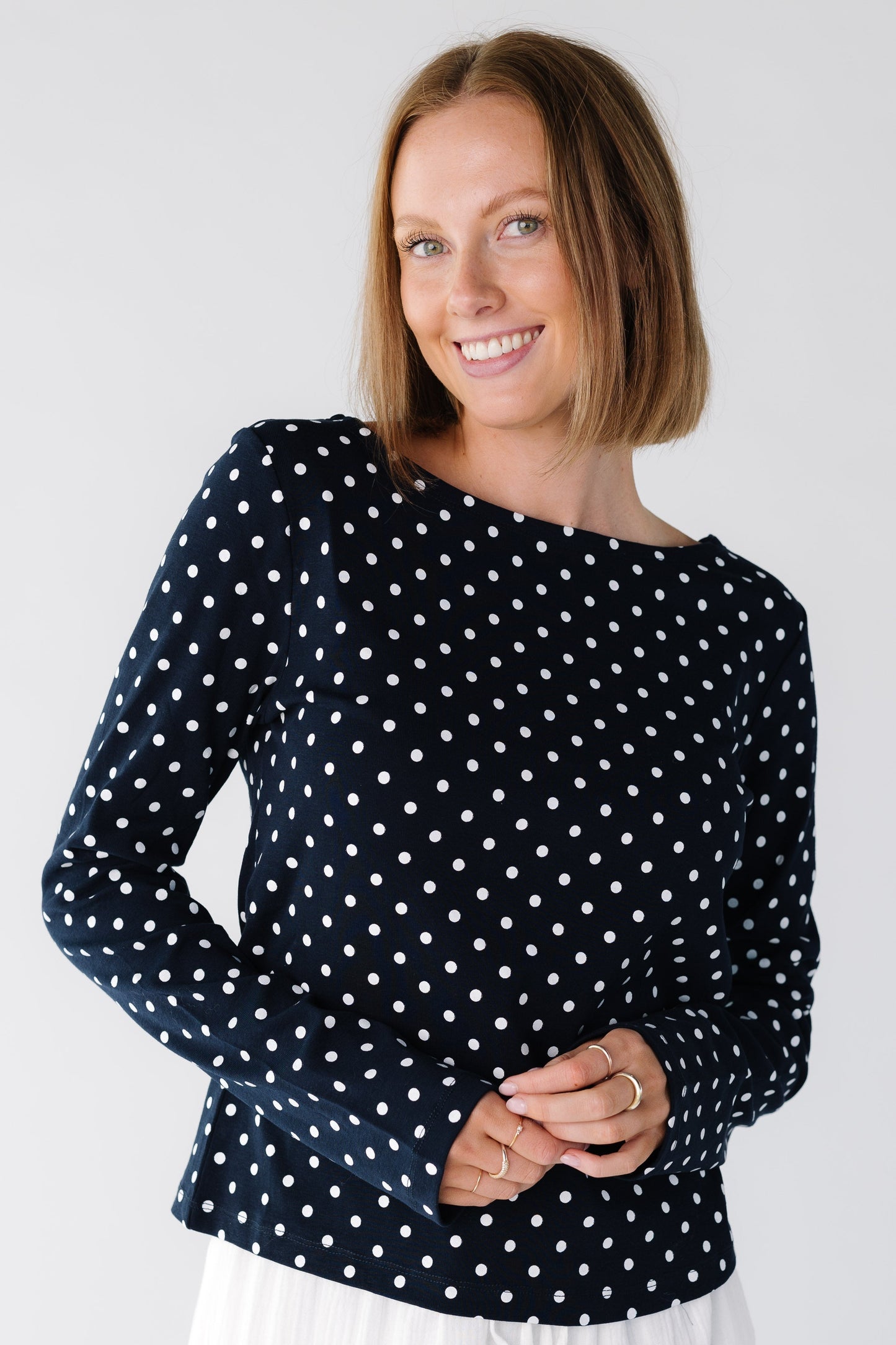 Modest women and teens navy polka do tee with long sleeves