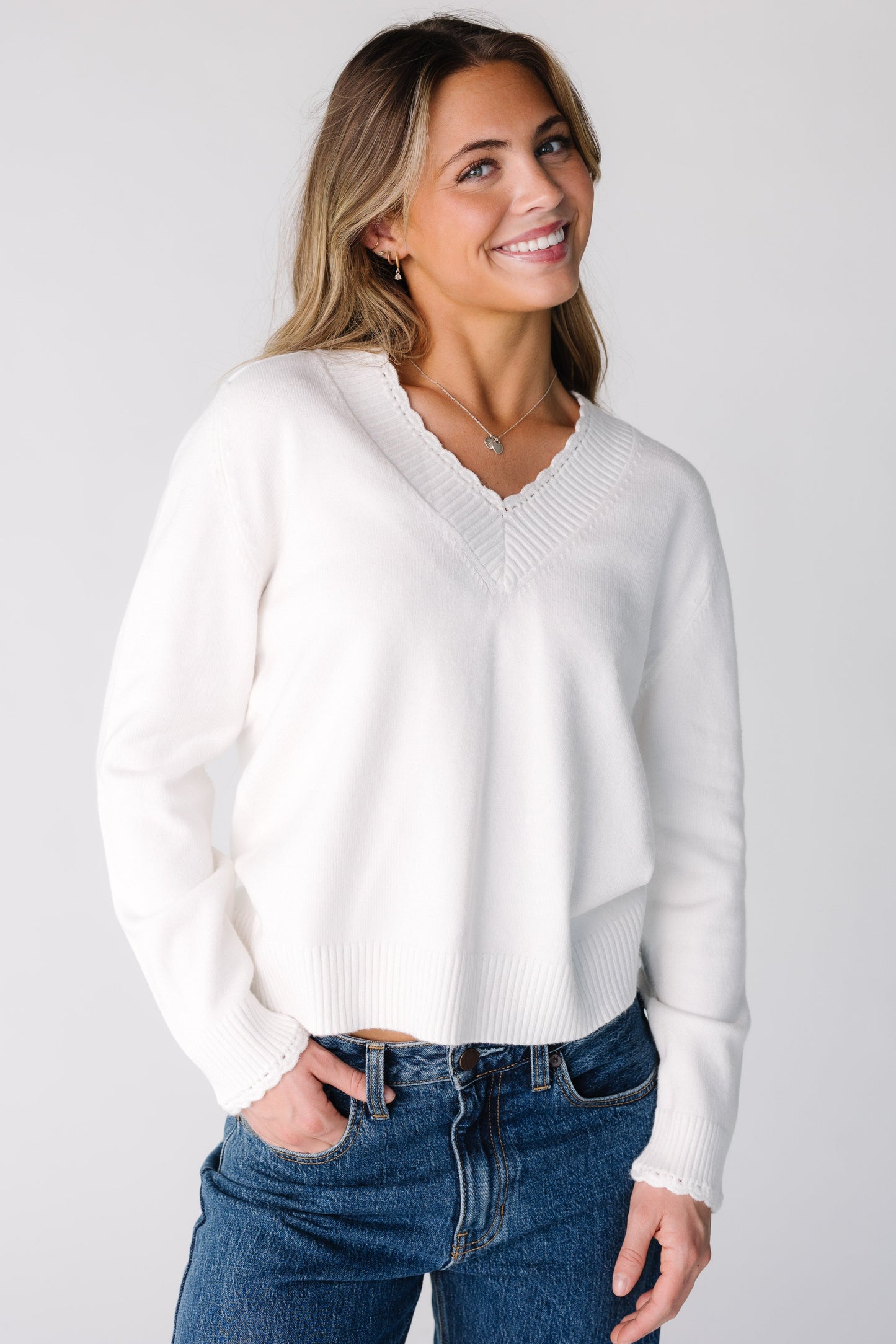 Modest women and teens long sleeve sweater with V-neckline in off white