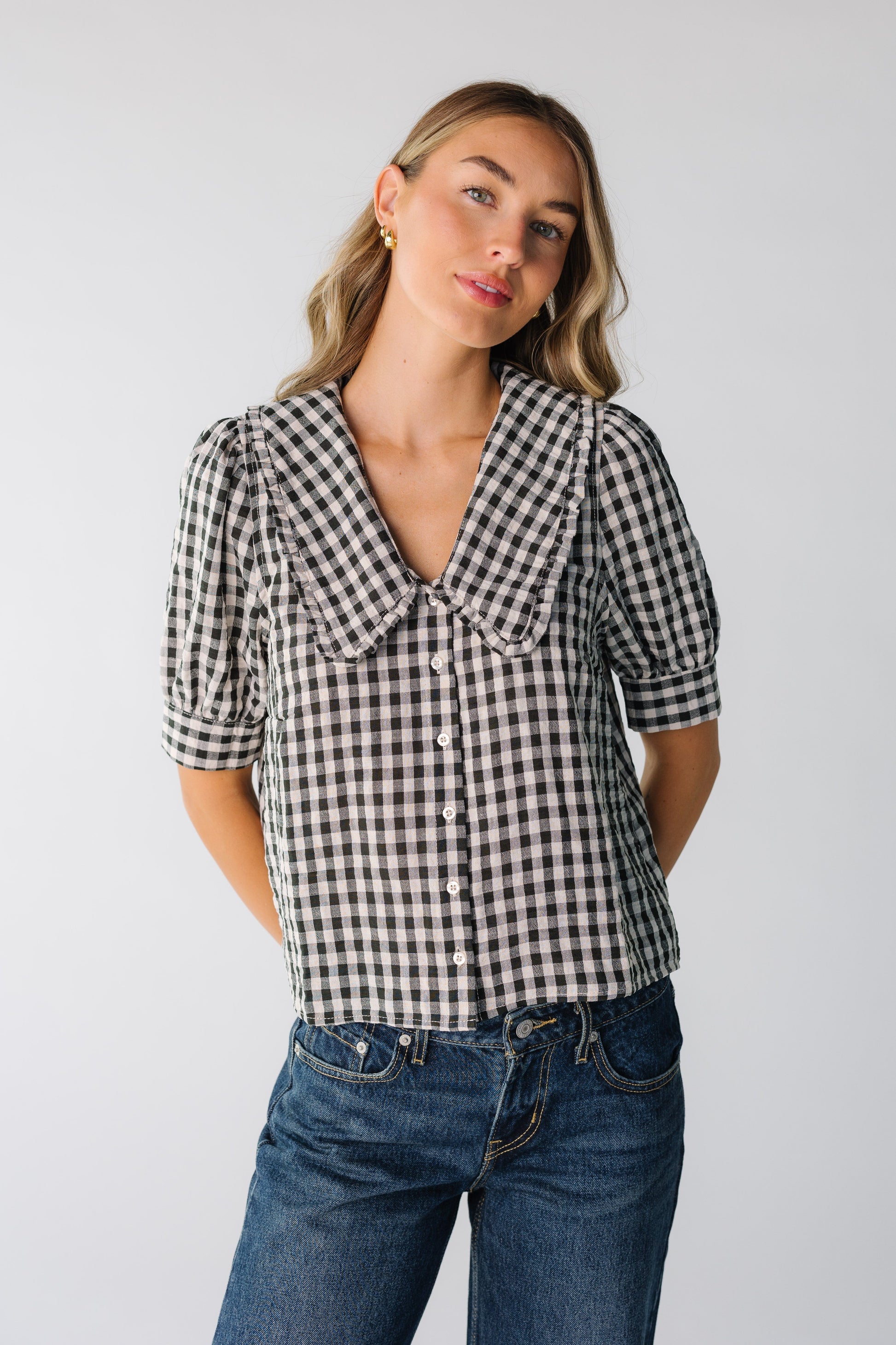 Brass & Roe Gingham Collared Top Black/White WOMEN'S TOP brass & roe