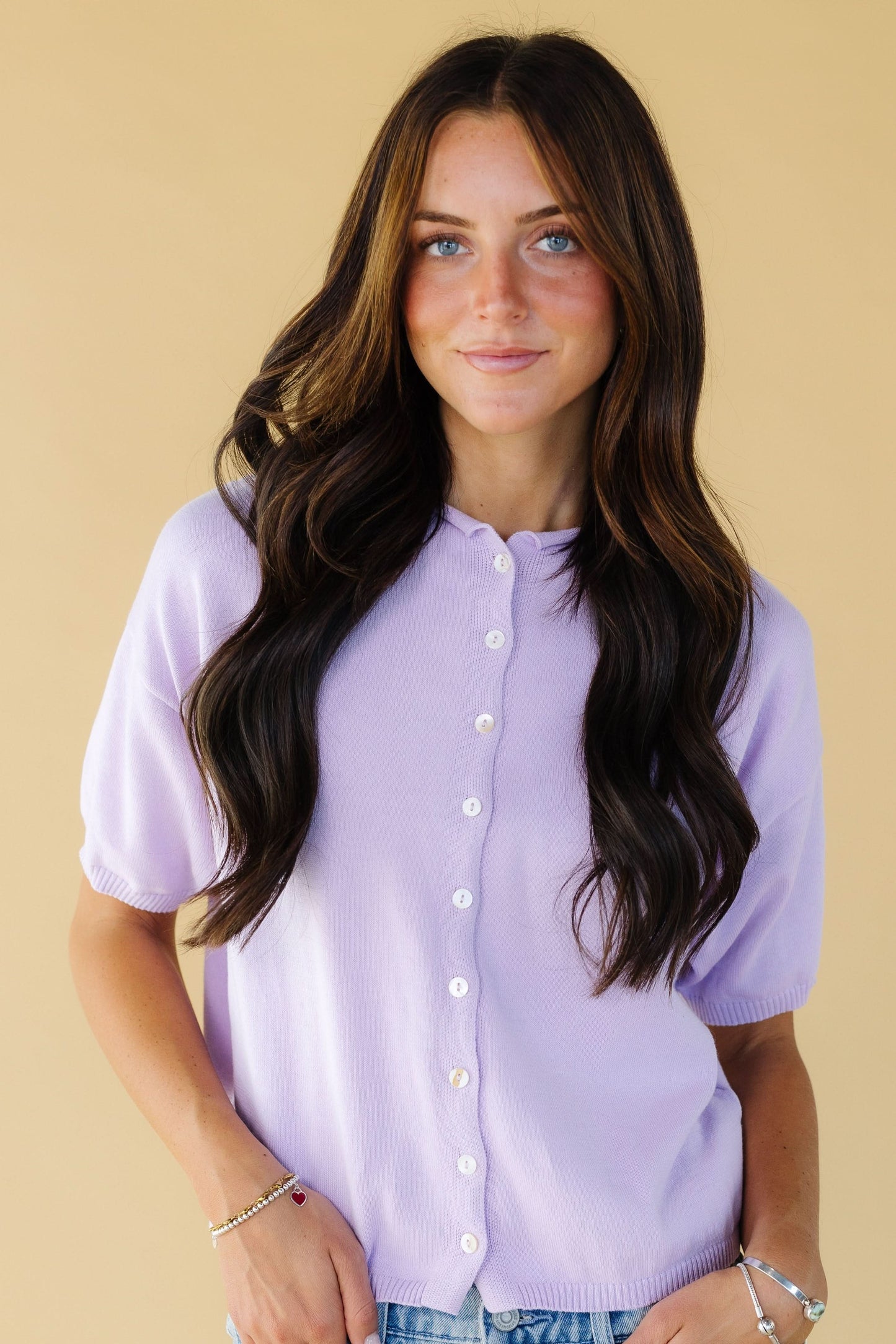 Button Down Knit Top in lavender for women and teenage girls.